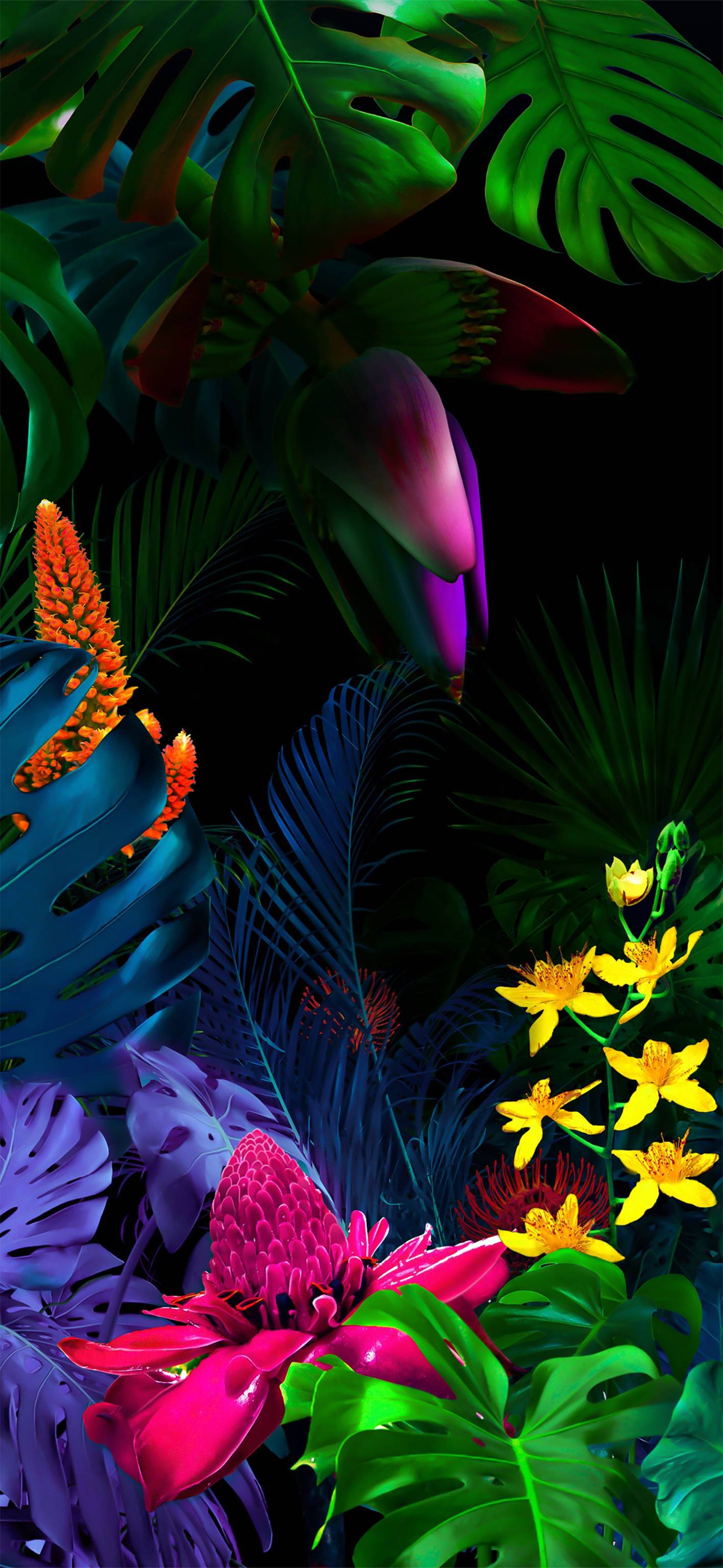 LG Phone, digital flower art, neon pink purple, 2K Phone Wallpaper