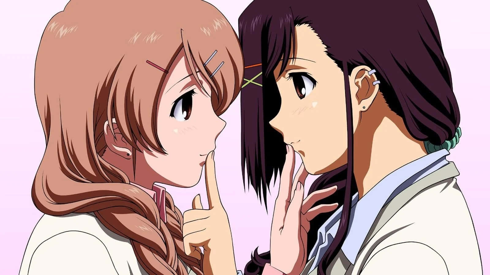 anime girls, braided hair, whispering secrets, HD Desktop Wallpaper