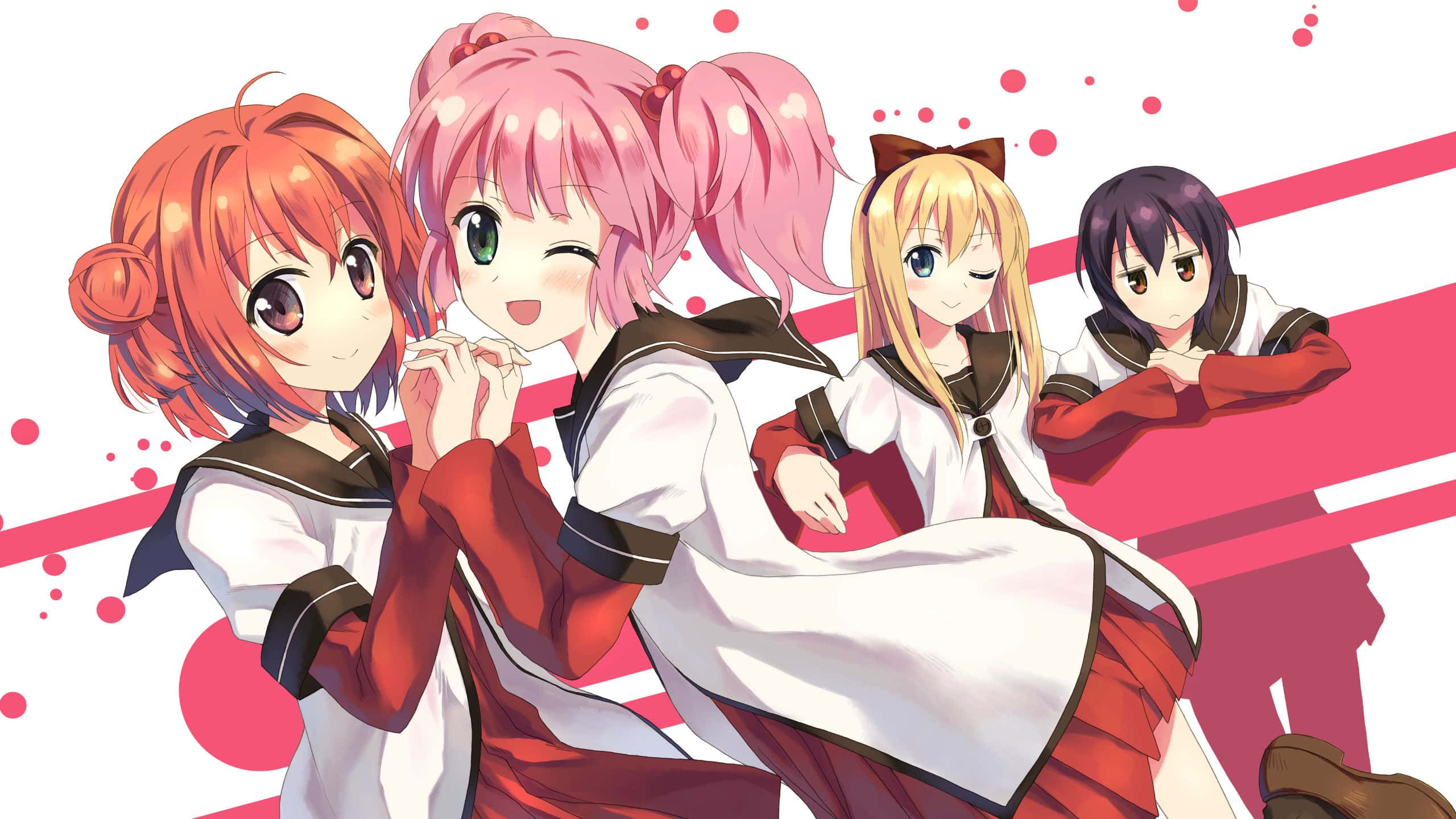 Lgbt Anime, sailor uniforms, vibrant pink and white striped background, 2K Desktop Wallpaper