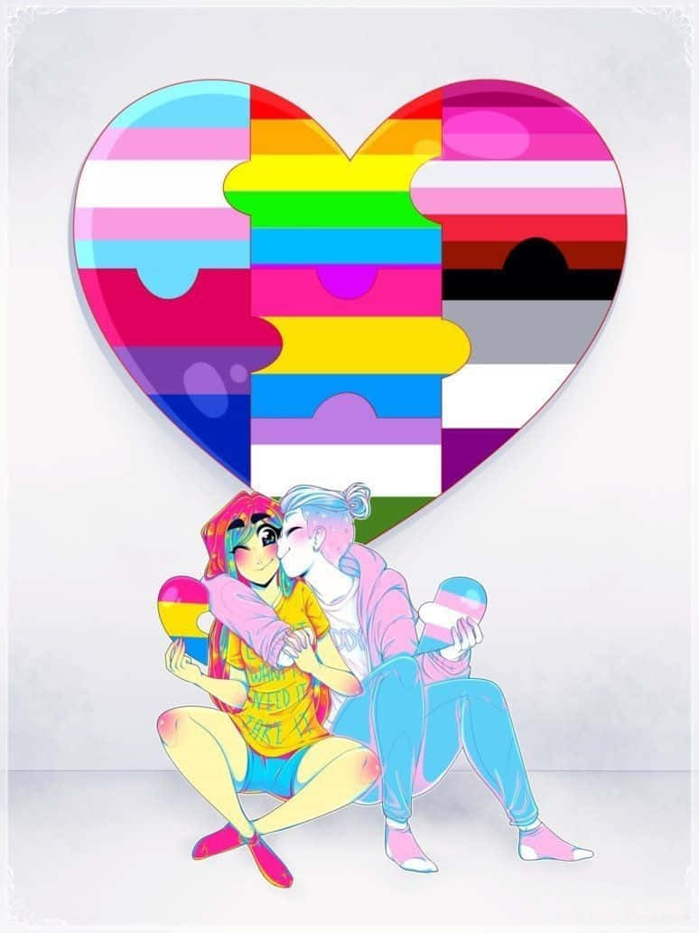 Lgbt Anime, anime-style lovers, giant heart, SD Phone Wallpaper