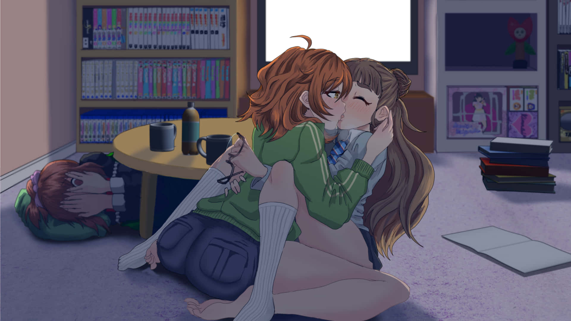 anime girls, intimate kiss, carpeted floor, Full HD Desktop Wallpaper