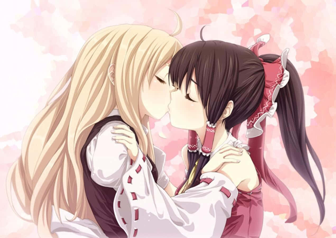 anime girls, blonde and dark hair, kiss tenderly, SD Desktop Wallpaper