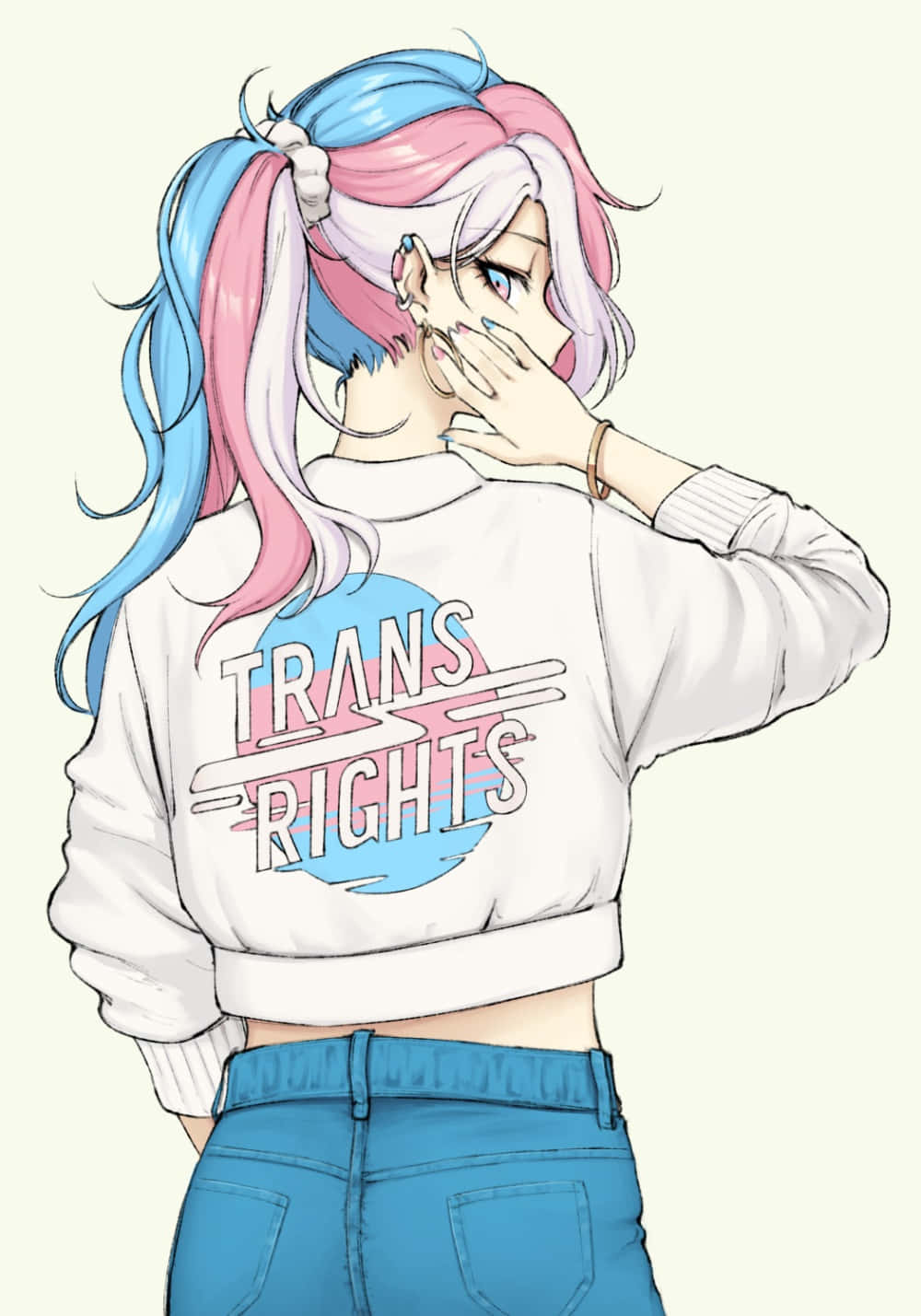 blue and pink hair, white cropped sweatshirt, trans rights graphic, HD Phone Wallpaper