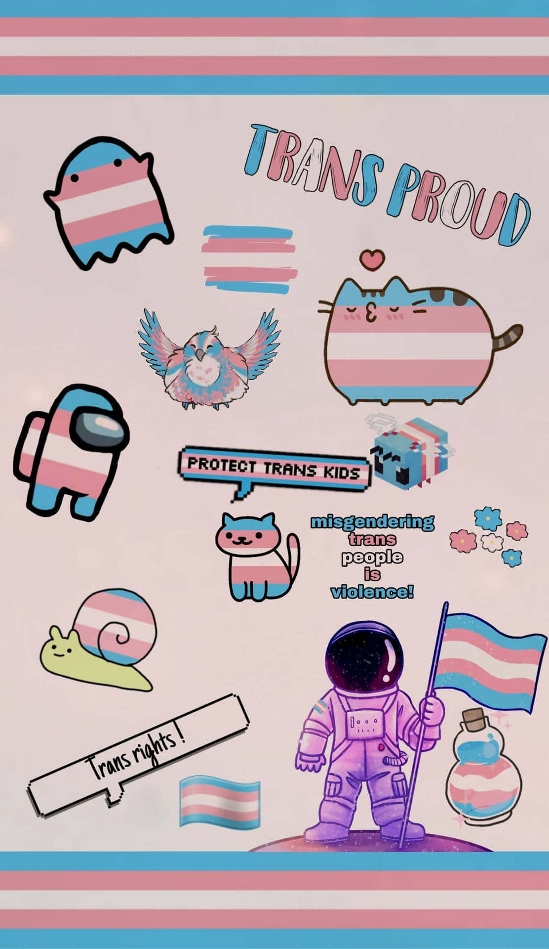 trans flag colors, cute cartoon characters, trans pride, Full HD Phone Wallpaper