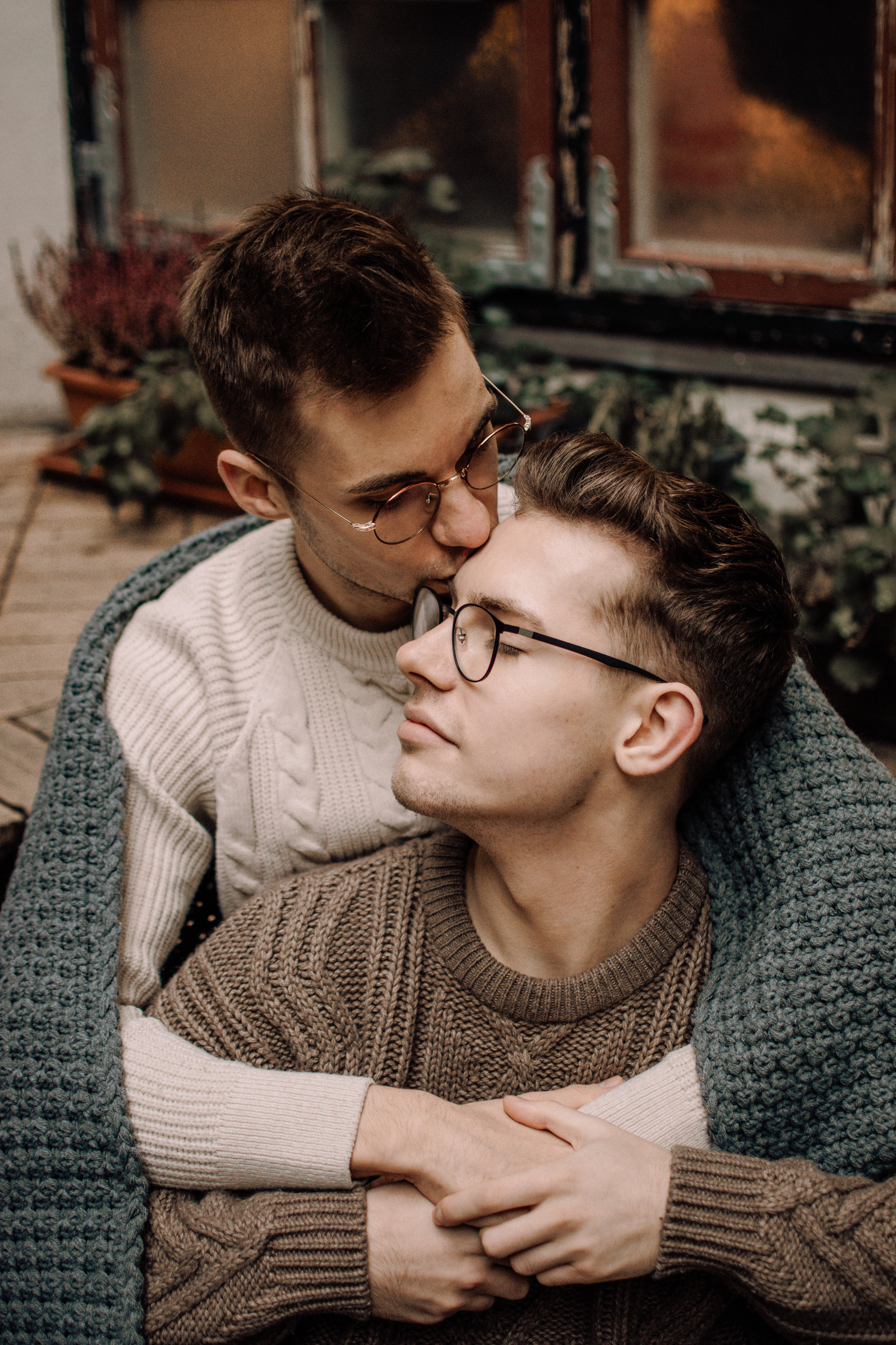 gay couple, knit sweaters, cozy blanket, 5K Phone Wallpaper
