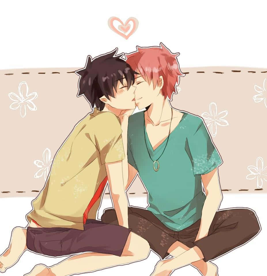 Lgbt Anime Boys, black and red hair, floral patterned couch, SD Phone Wallpaper