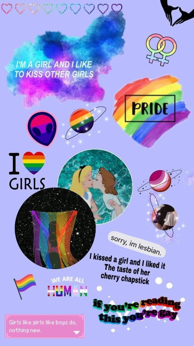 violet background, rainbow-themed LGBTQ+ symbols, playful text celebrating queer love and identity, SD Phone Wallpaper