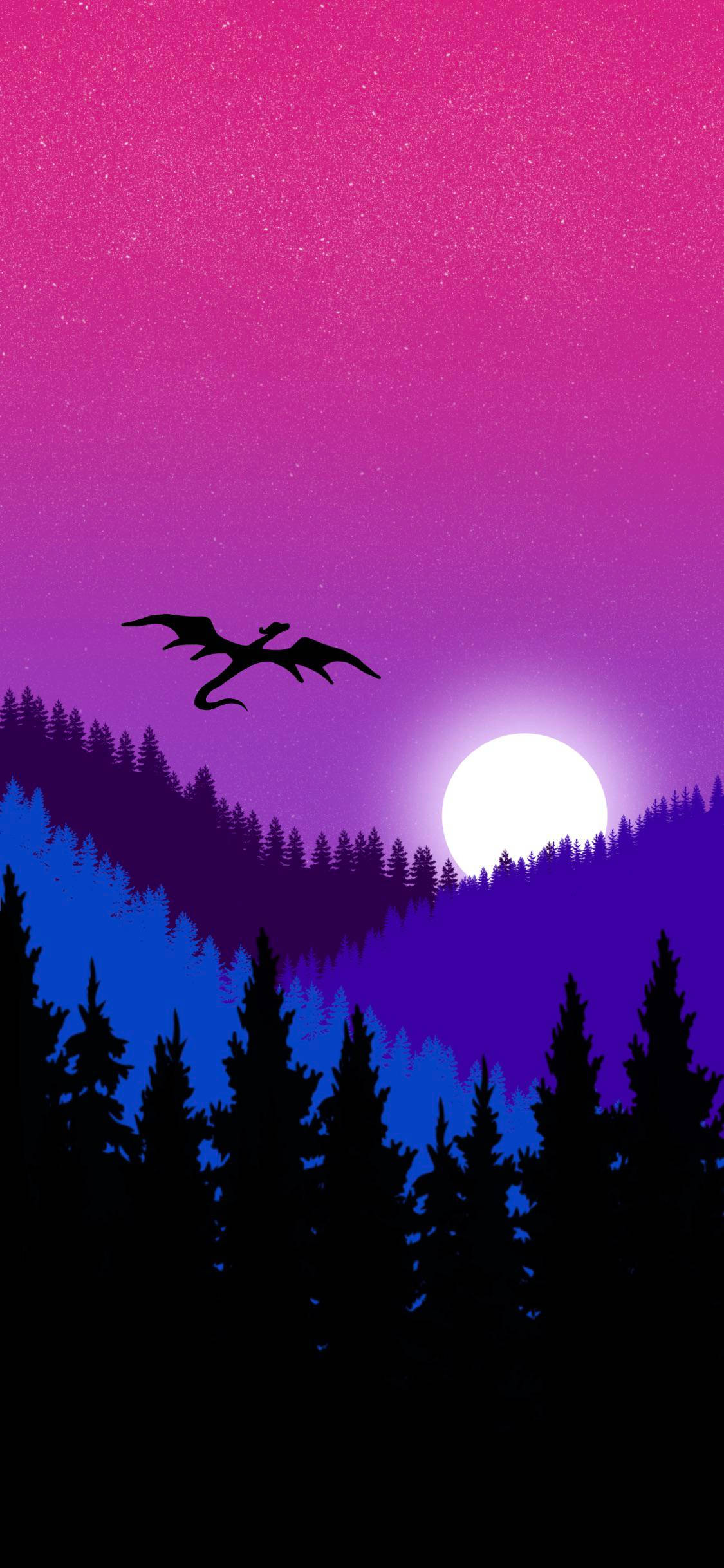 dragon silhouette, pine forest, twilight, Full HD Phone Wallpaper