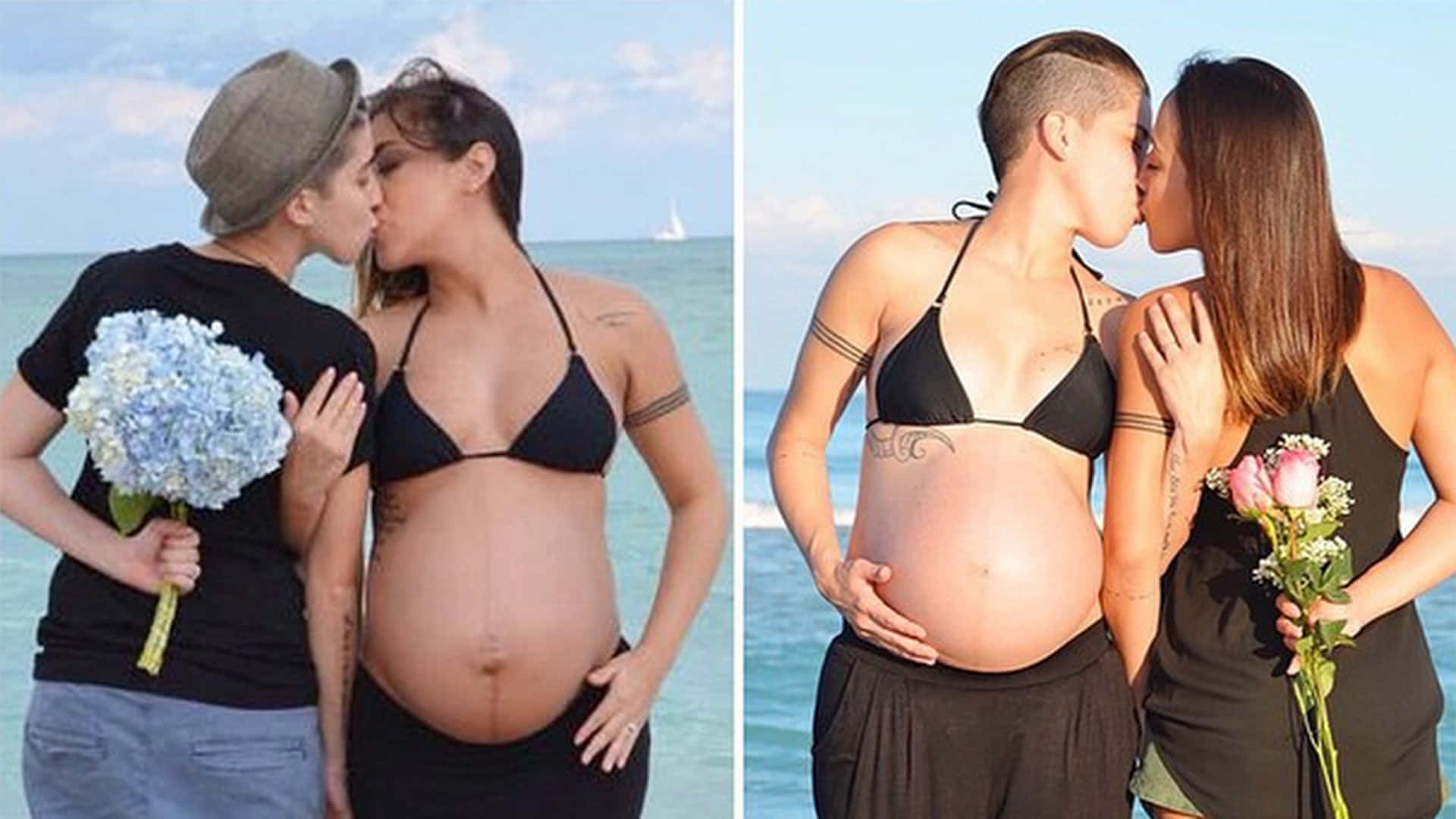 lesbian pregnant couple, sunny beach, pregnant bellies, Full HD Desktop Wallpaper