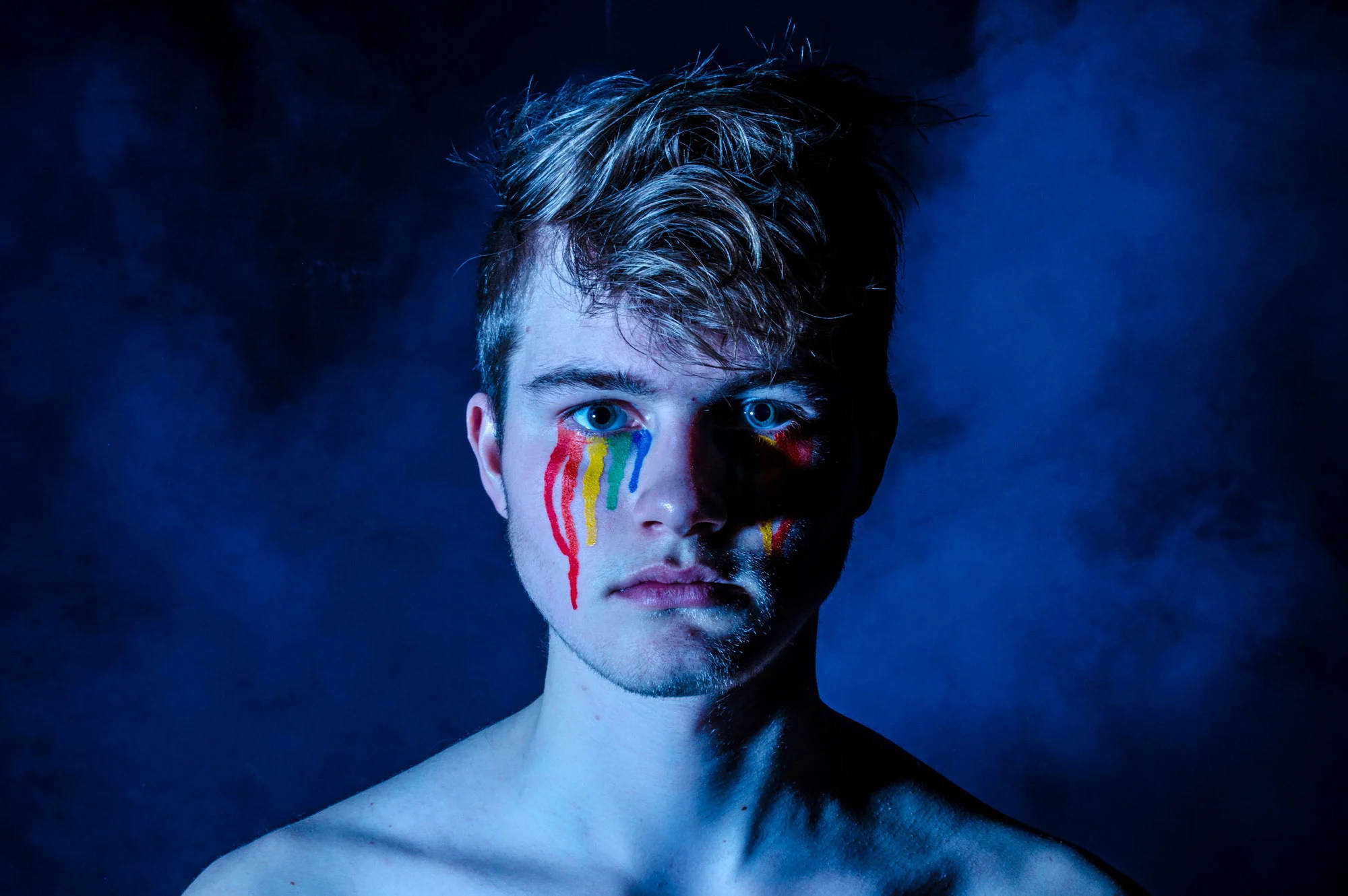 rainbow paint, smoky blue backdrop, young man, Full HD Desktop Wallpaper