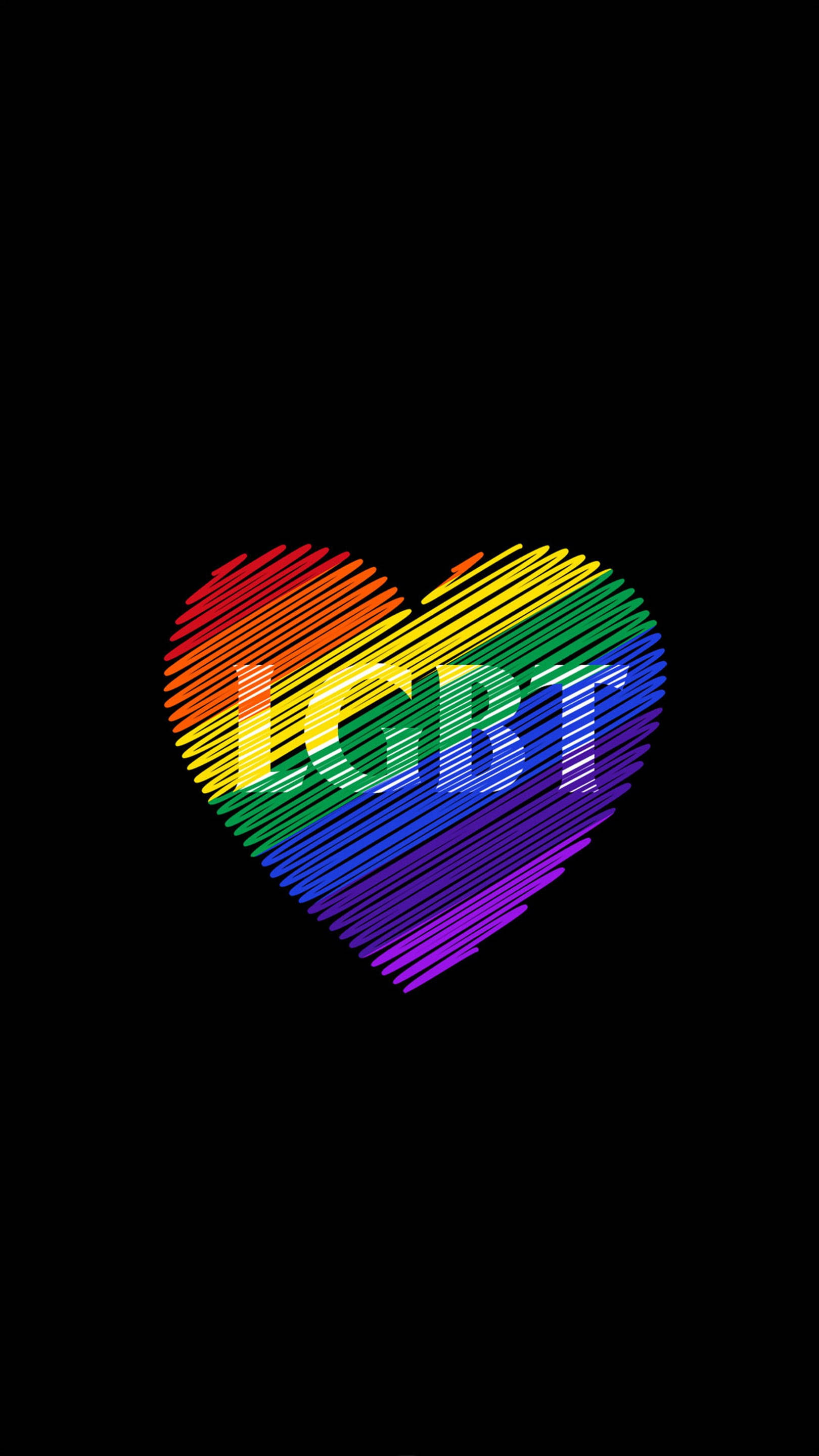 rainbow heart, LGBT text, black background, 2K Phone Wallpaper