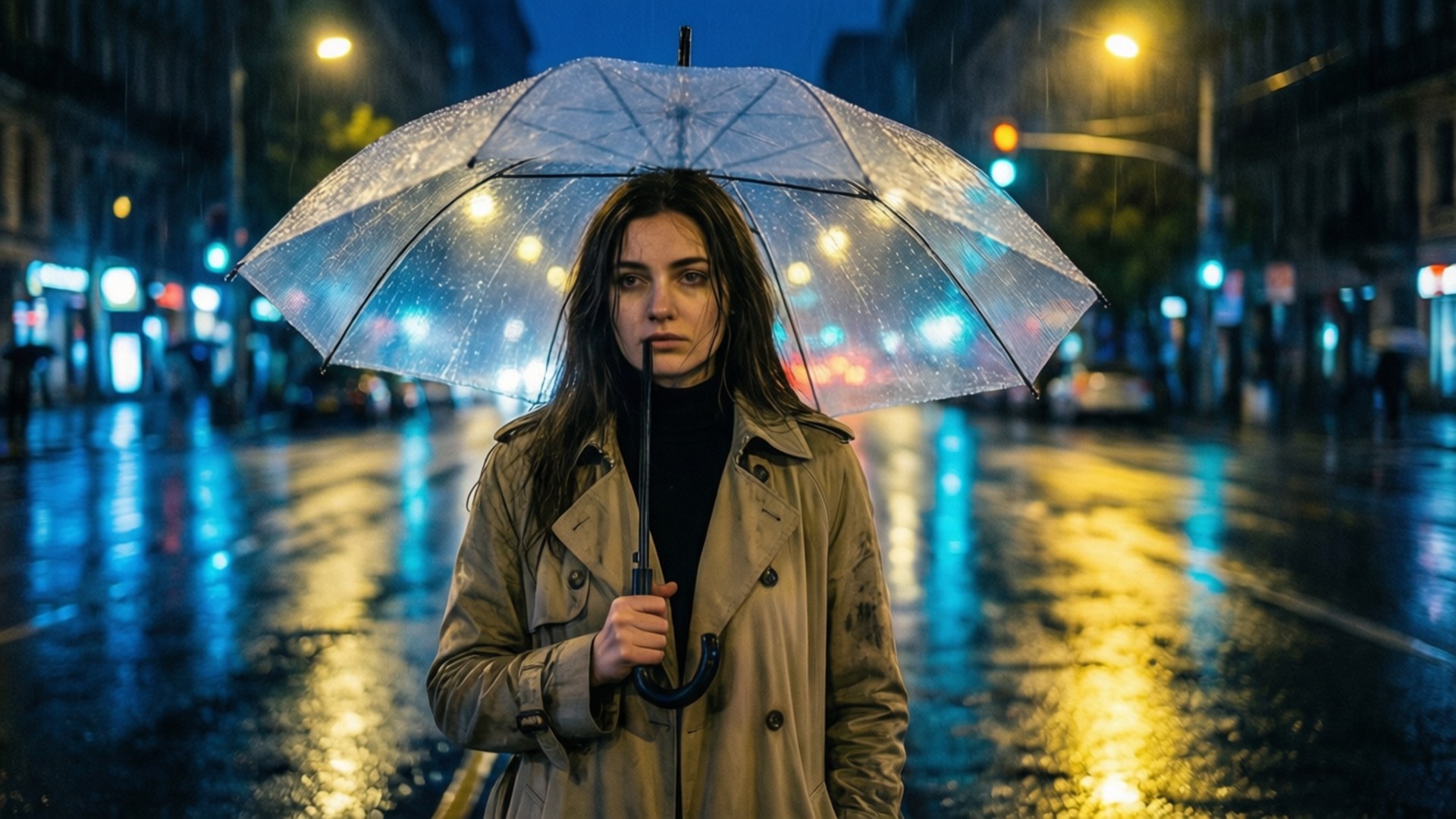 Lia, rainy city street, night, Full HD Desktop Wallpaper