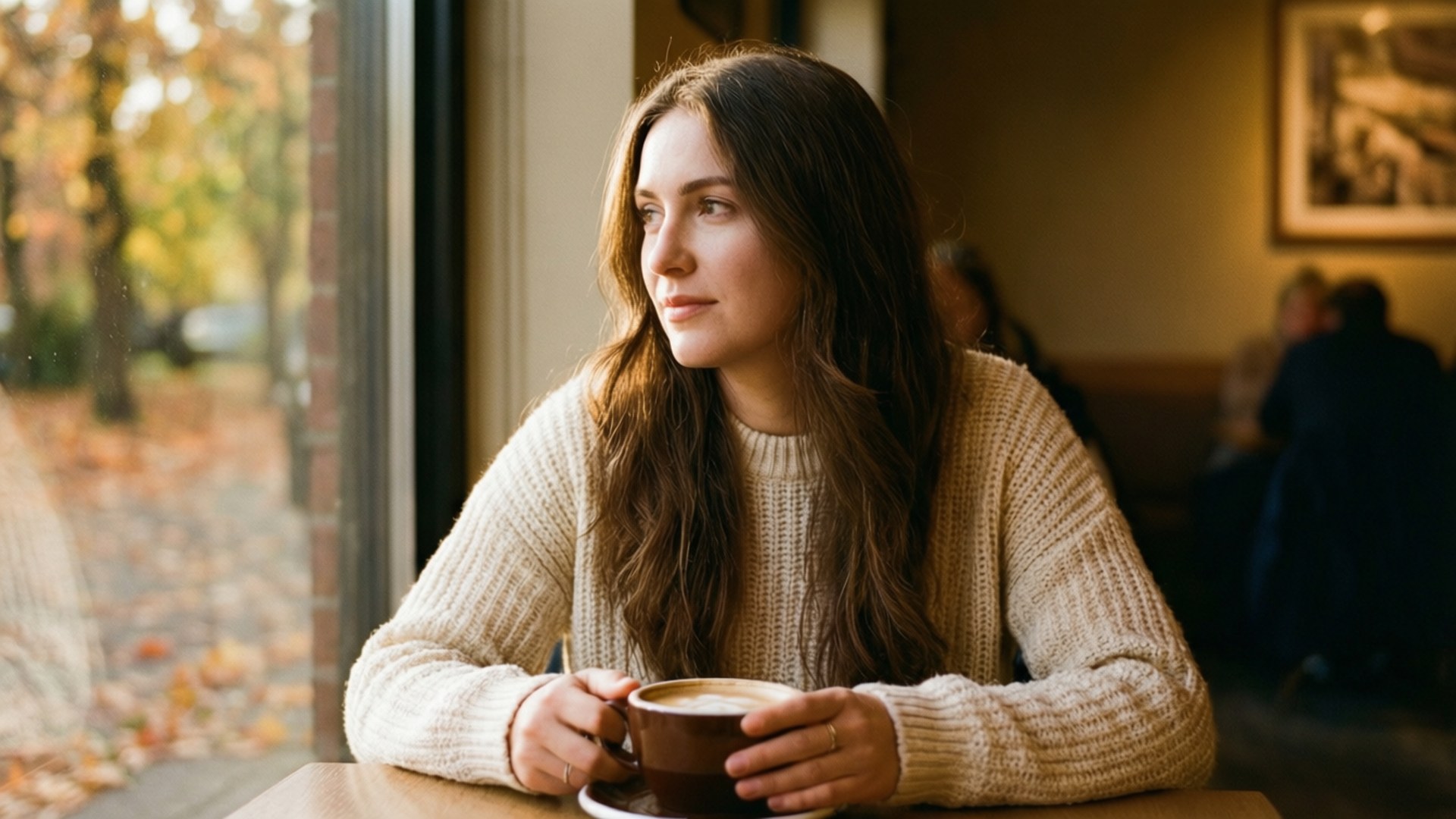 Lia, cream sweater, coffee cup, Full HD Desktop Wallpaper