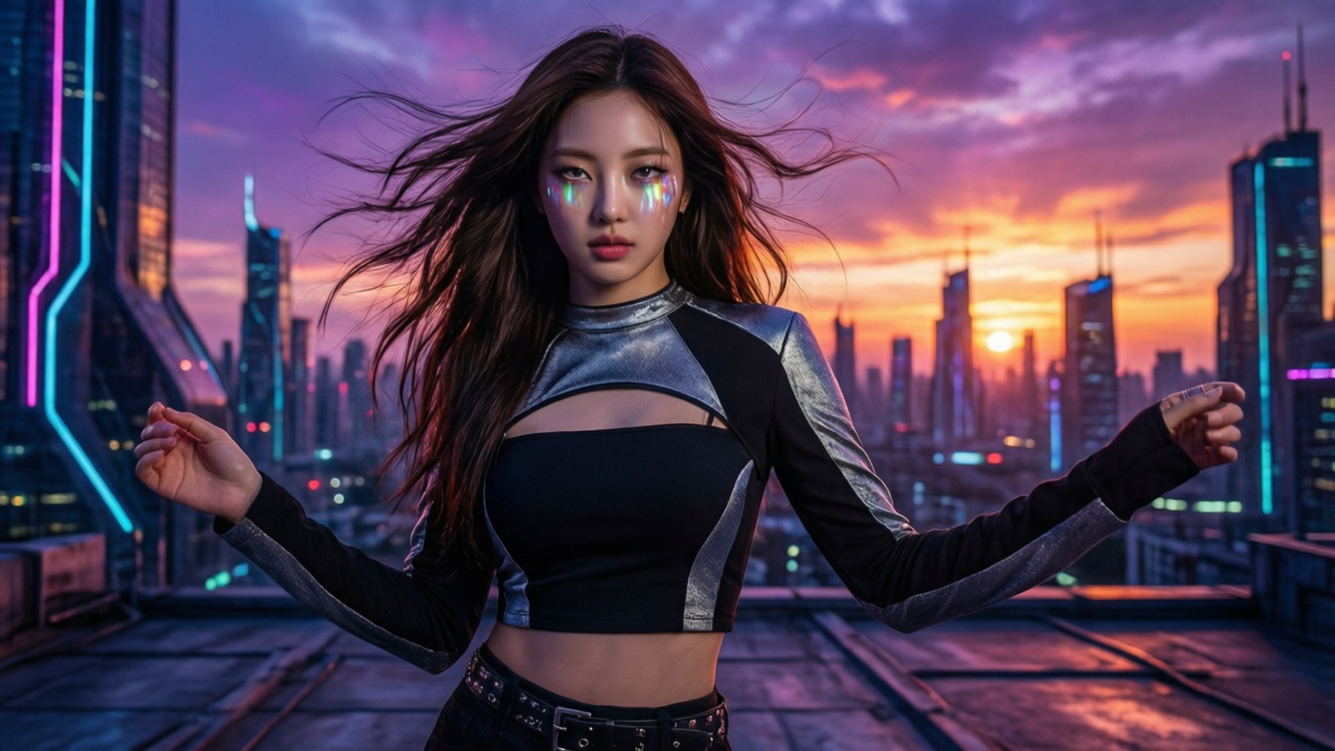 Lia, neon-lit futuristic city, sunset, Full HD Desktop Wallpaper