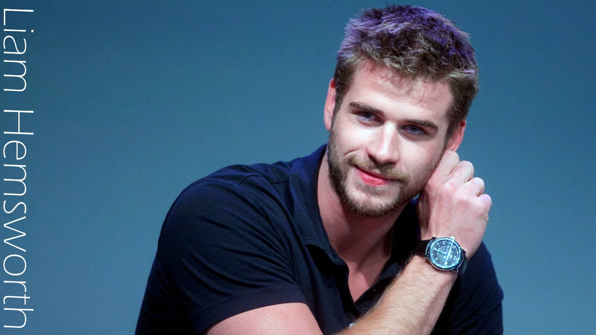 Liam Hemsworth, blue background, solid blue studio backdrop, Full HD Desktop Wallpaper