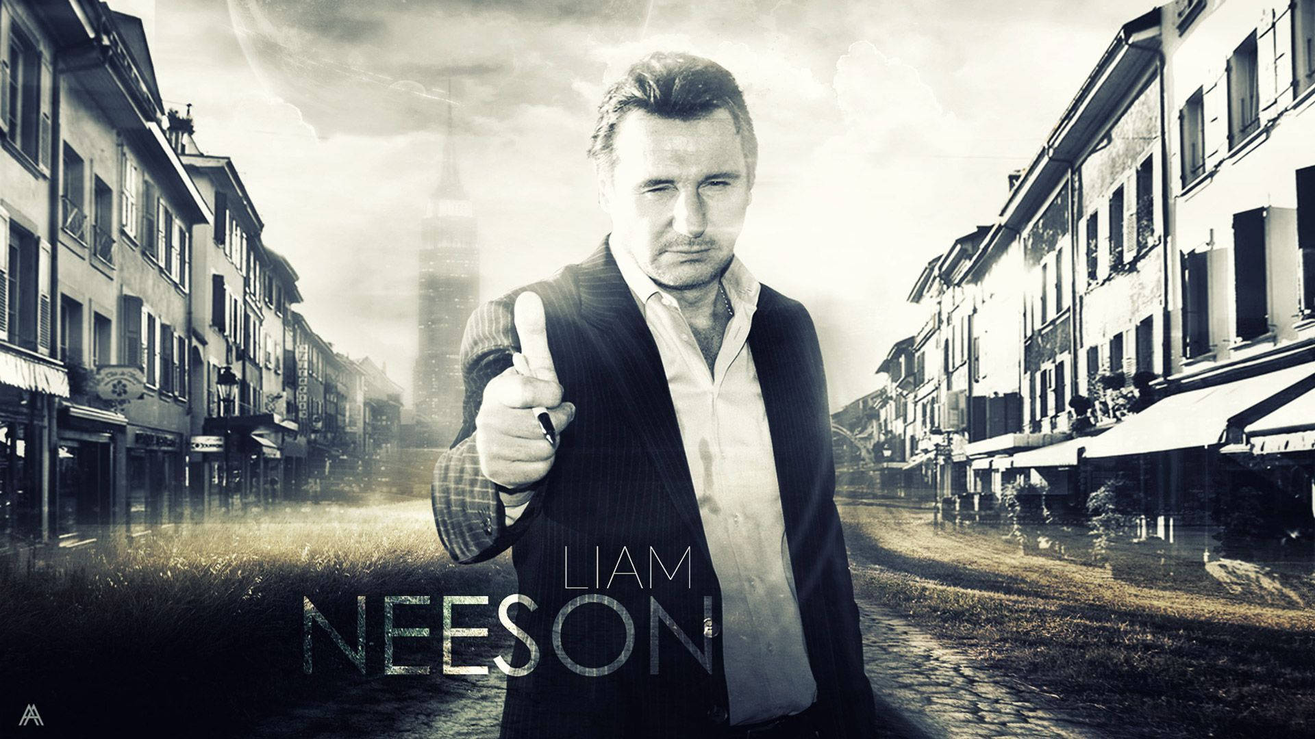 Liam Neeson, thumbs up, sepia-toned, Full HD Desktop Wallpaper