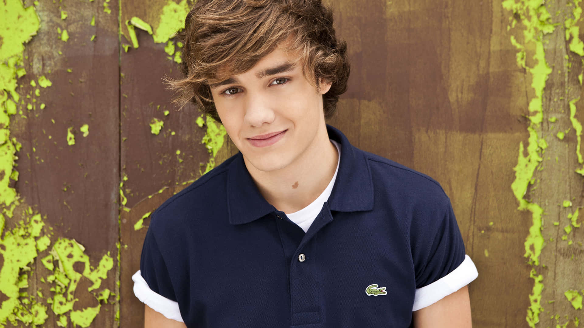Liam Payne, navy blue Lacoste polo shirt, weathered wooden wall, Full HD Desktop Wallpaper