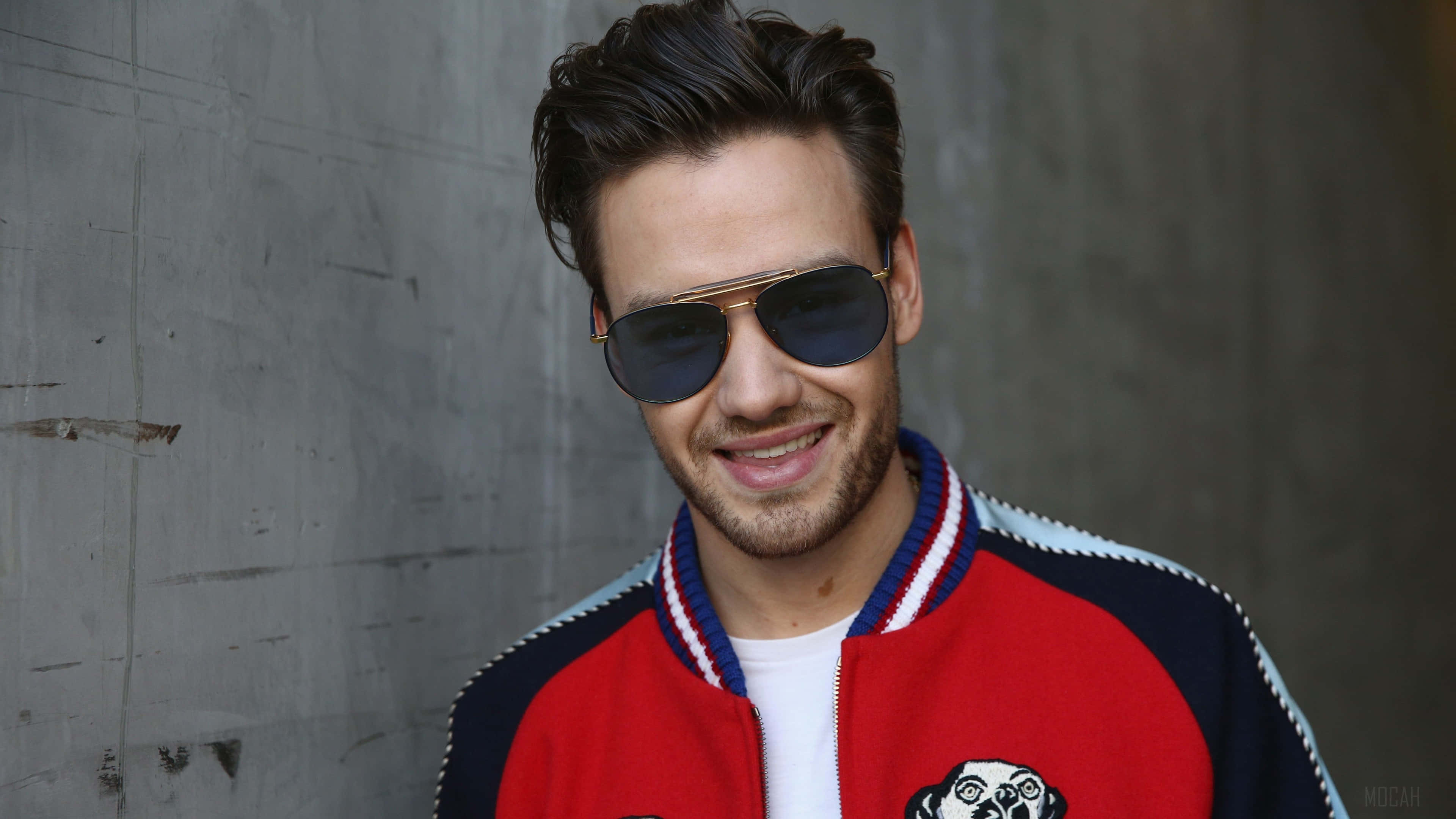 Liam Payne, aviator sunglasses, red blue varsity jacket, 4K Desktop Wallpaper