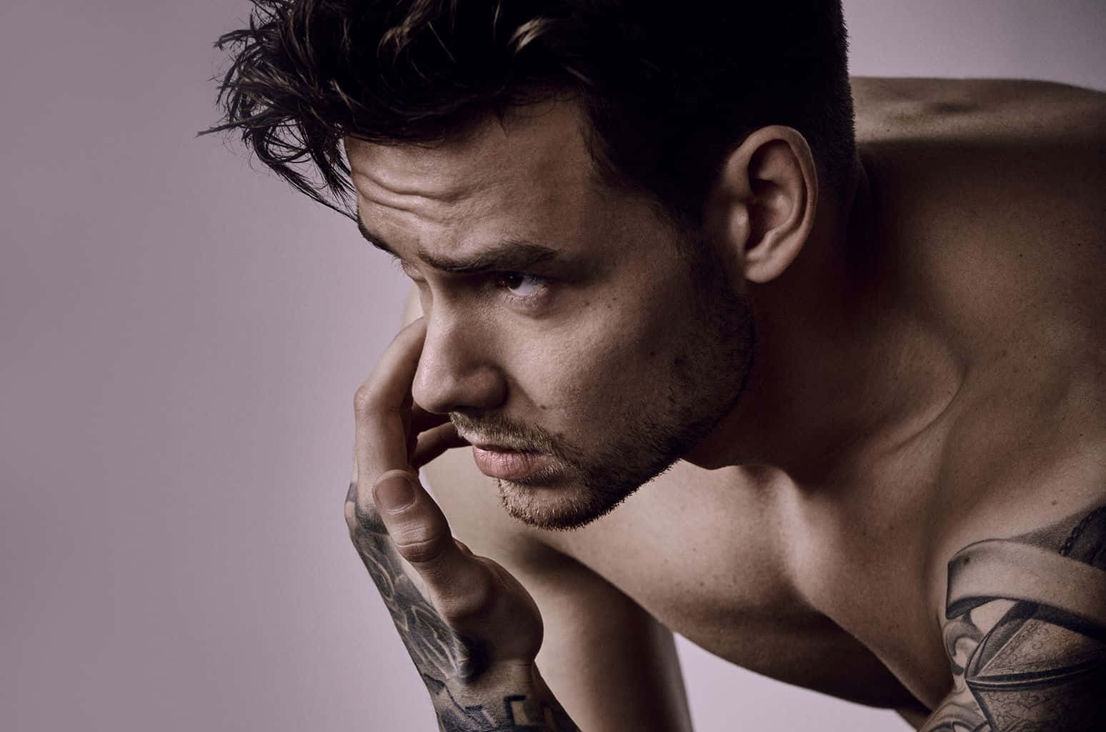 Liam Payne, lavender background, tattoos, HD Desktop Wallpaper