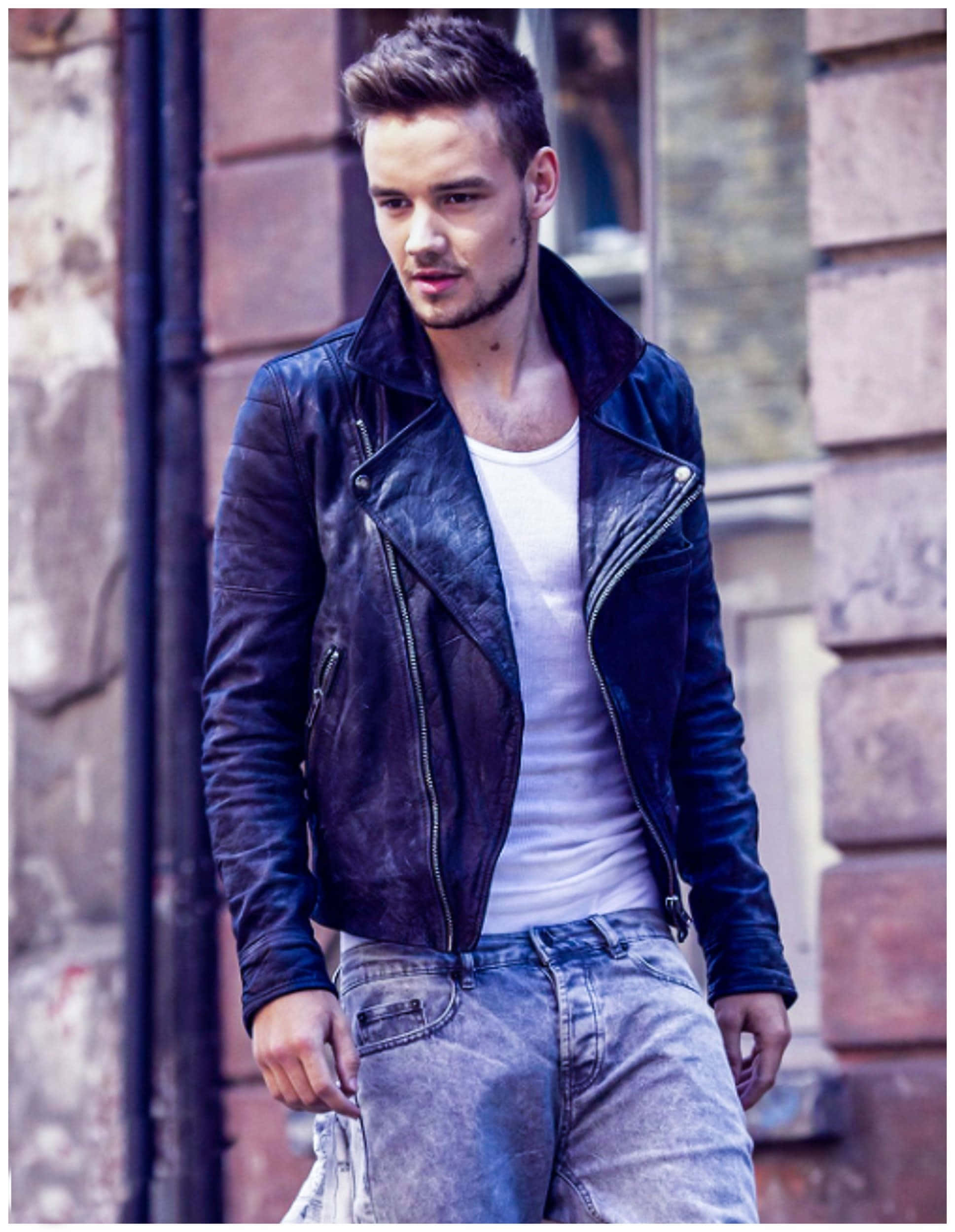 Liam Payne, dark leather jacket, jeans, Full HD Phone Wallpaper