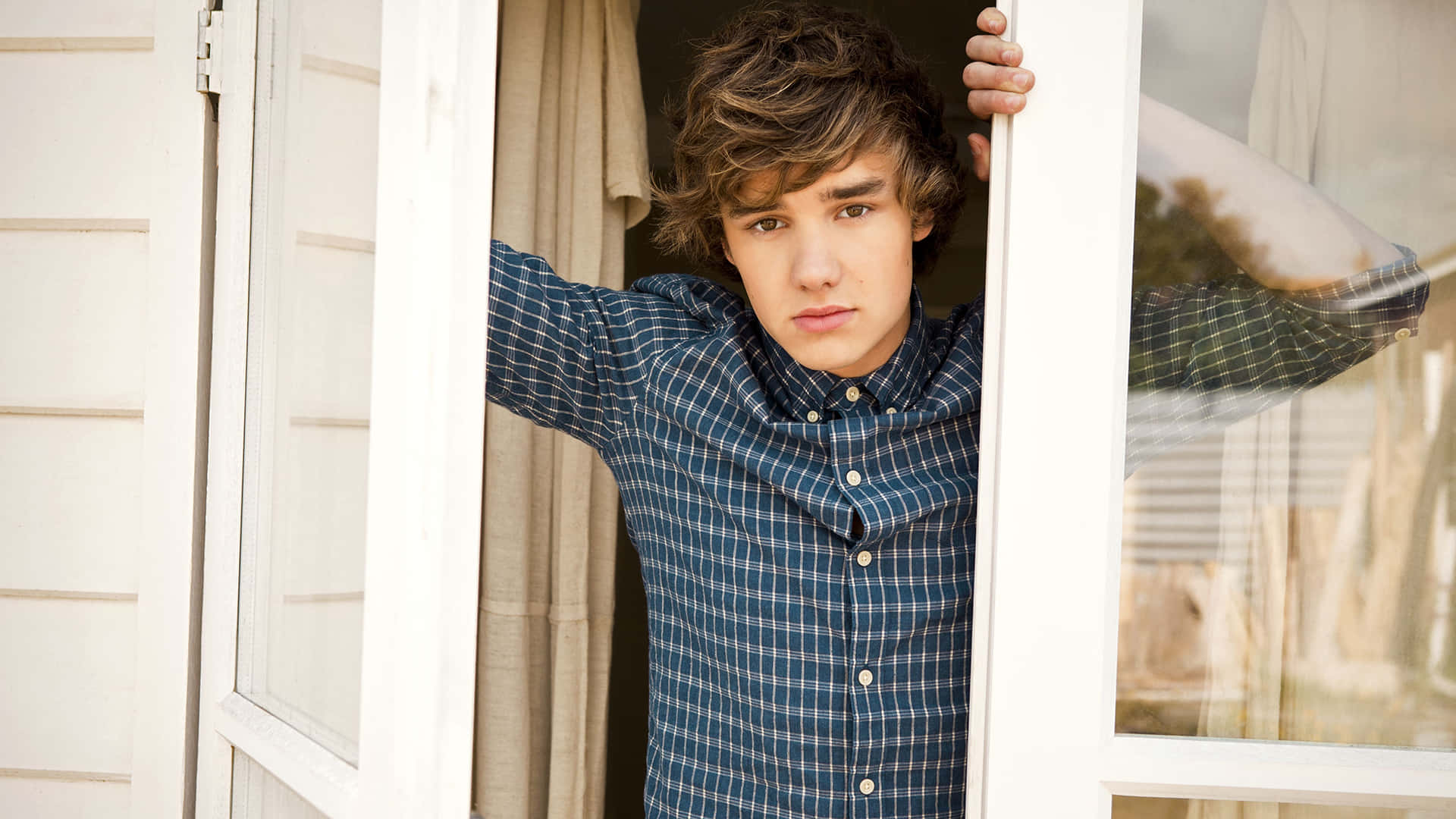 Liam Payne, tousled hair, white window frame, Full HD Desktop Wallpaper