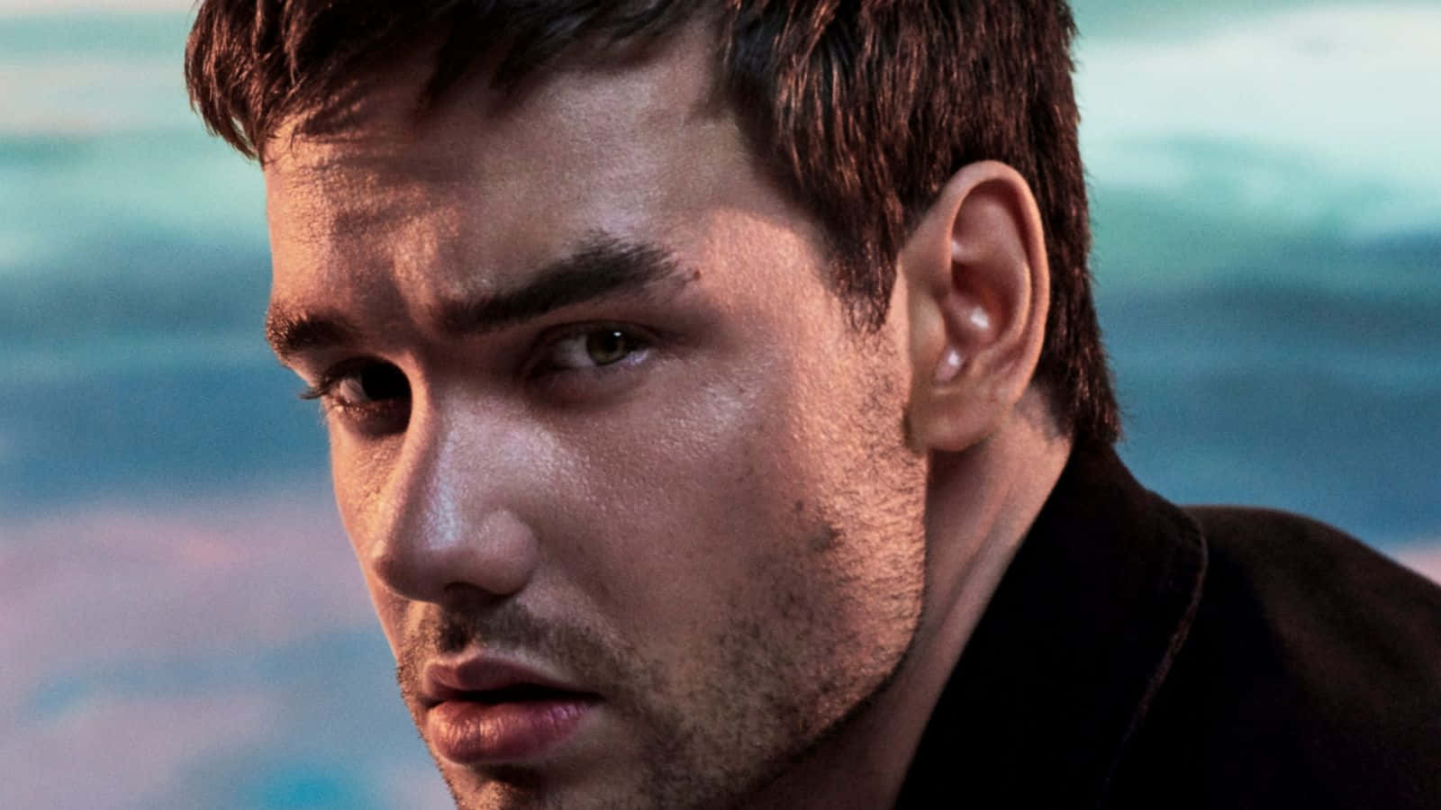 Liam Payne, black jacket, blue background, HD Desktop Wallpaper