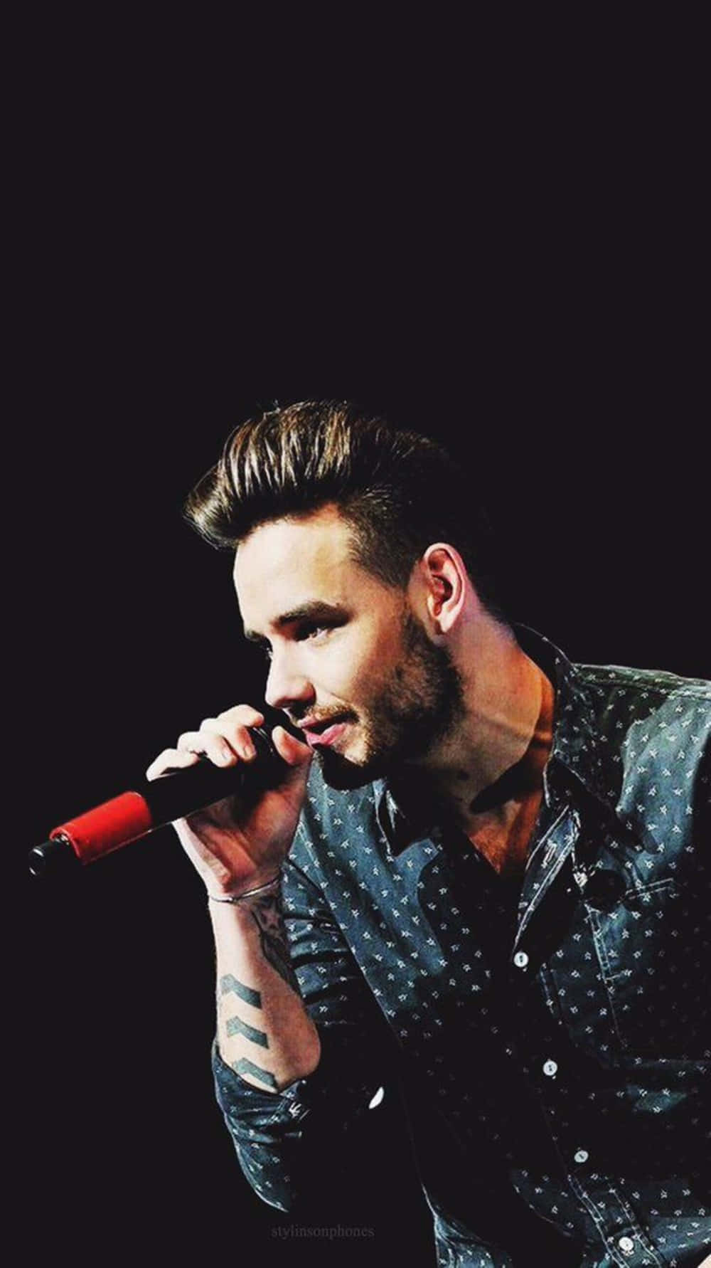 Liam Payne, red microphone, dark stage backdrop, HD Phone Wallpaper