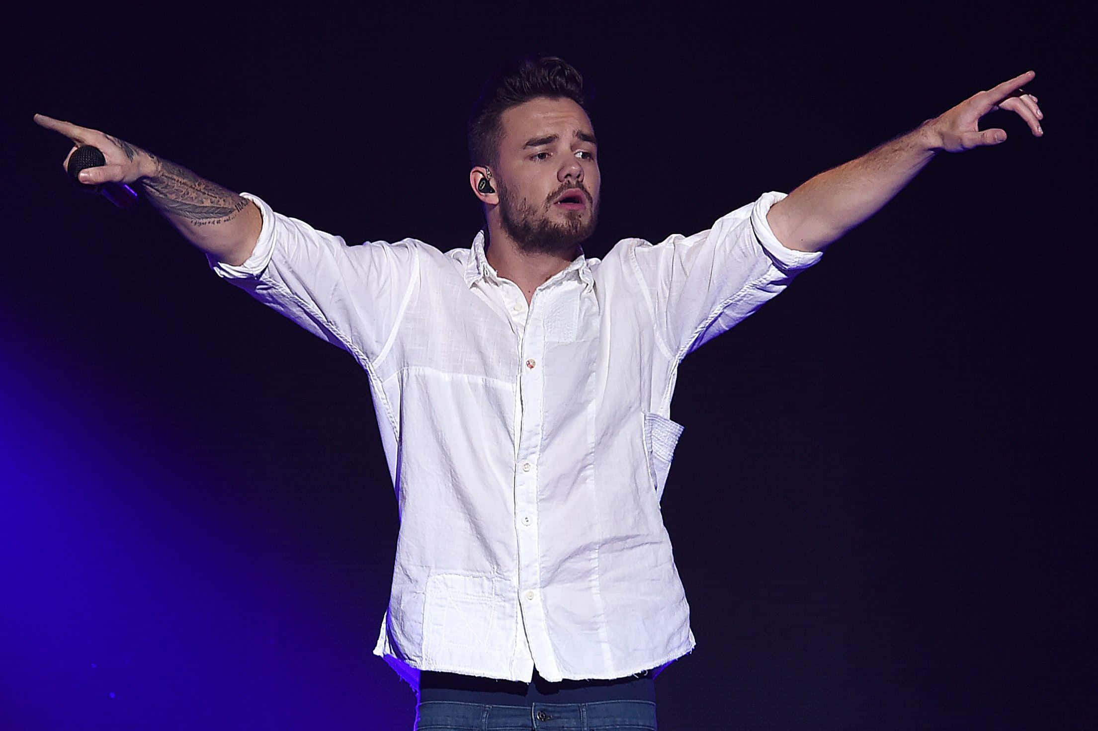 Liam Payne, white shirt, stage, Full HD Desktop Wallpaper