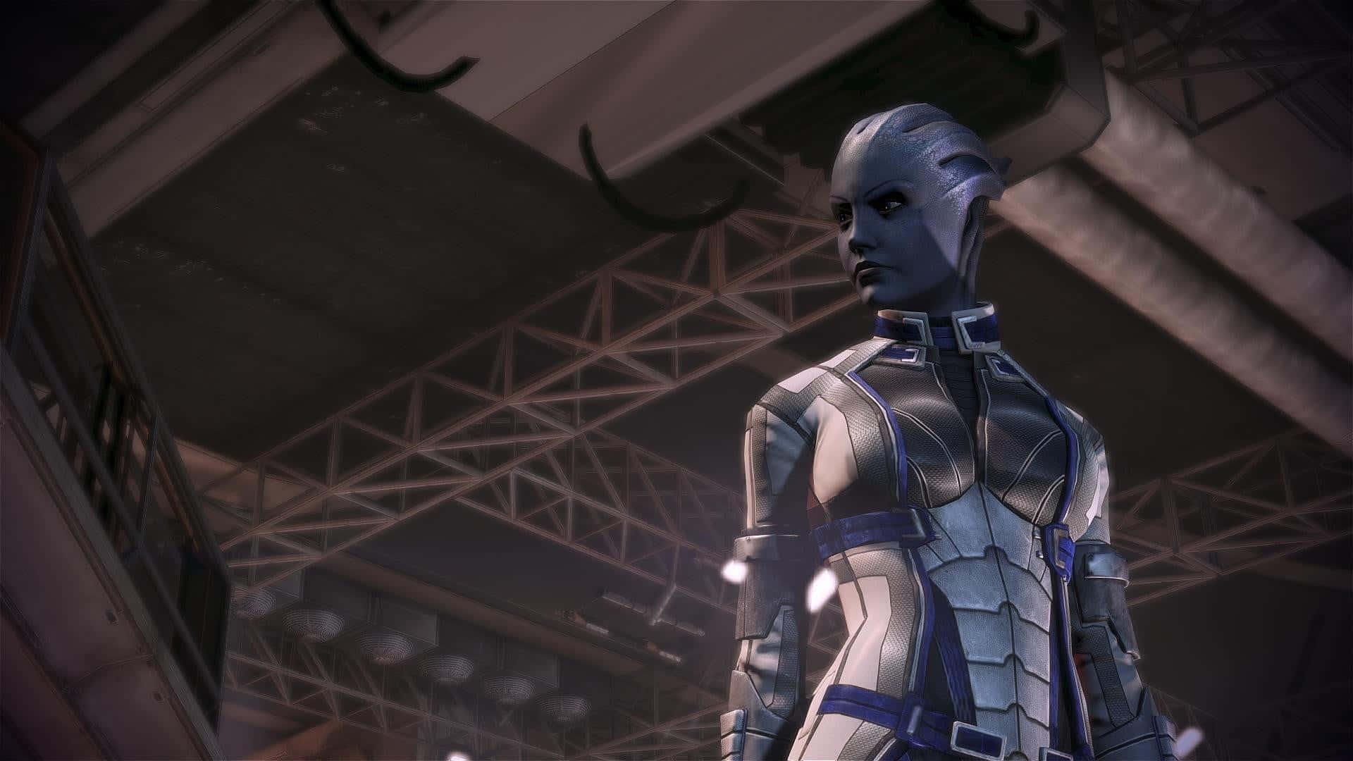 Liara T'soni, silver and blue armored suit, industrial steel beams, Full HD Desktop Wallpaper