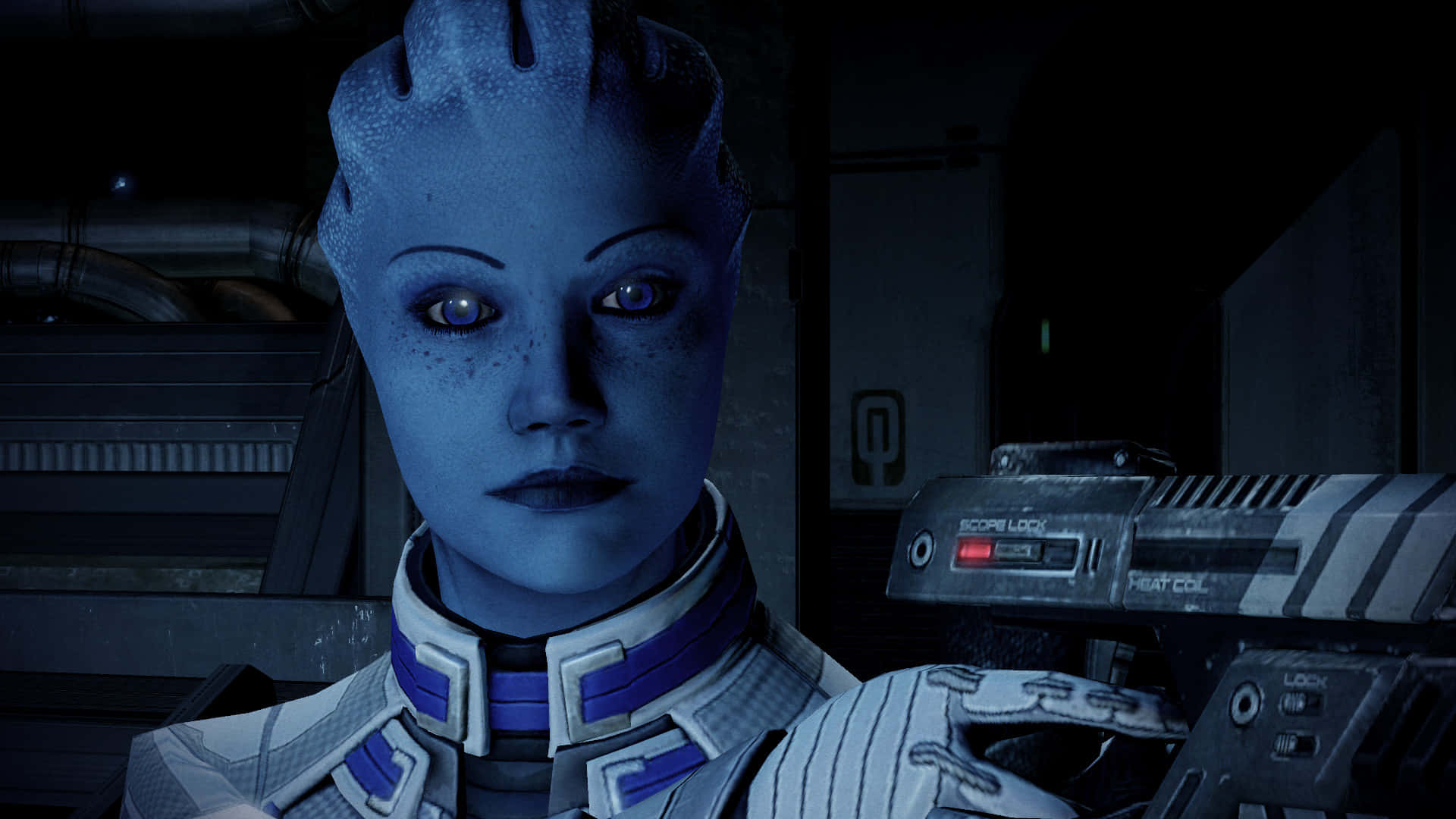 Liara T'Soni, blue-skinned alien woman, futuristic armor, Full HD Desktop Wallpaper