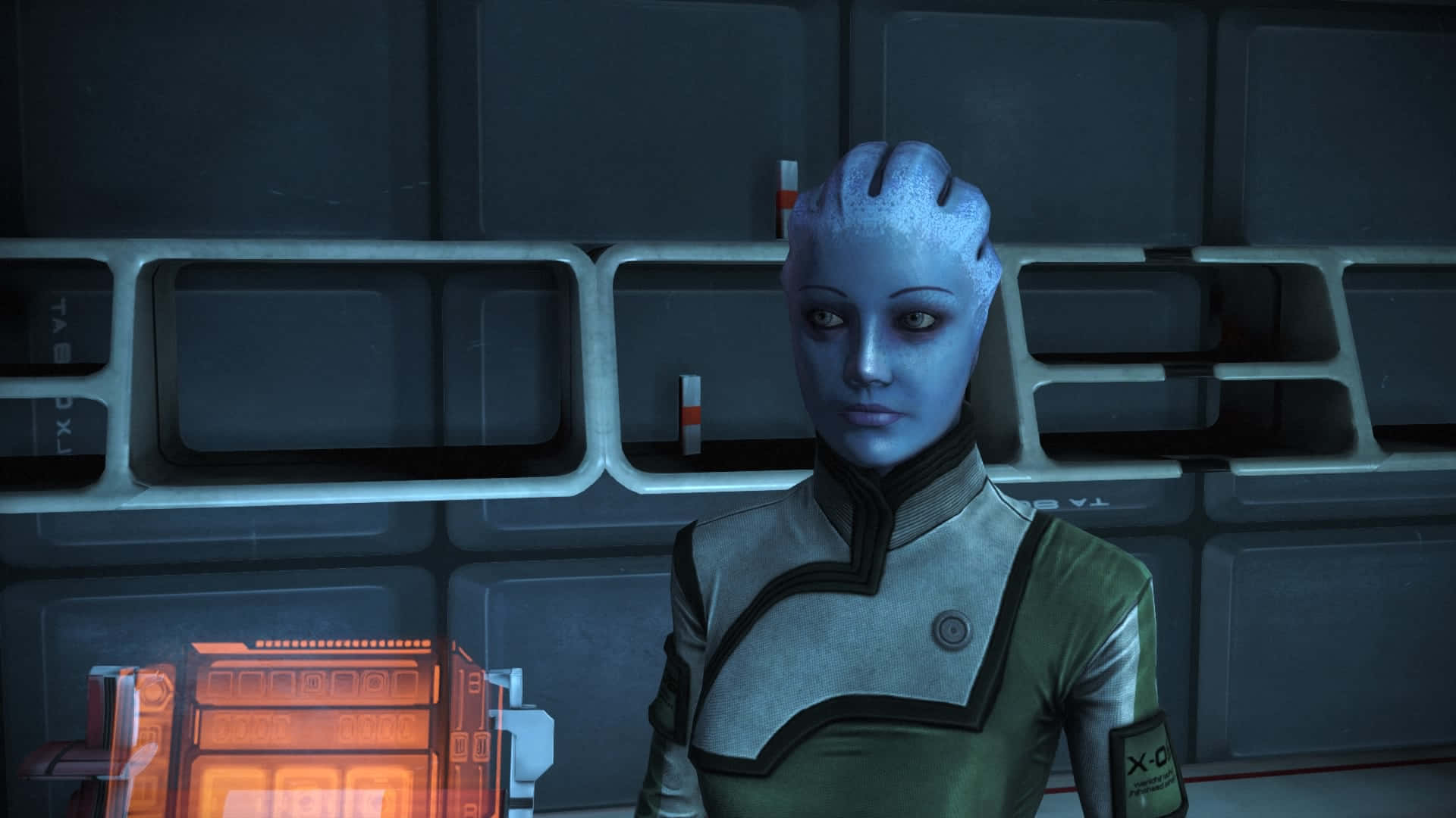 Liara T'Soni, blue-skinned alien, futuristic uniform, Full HD Desktop Wallpaper