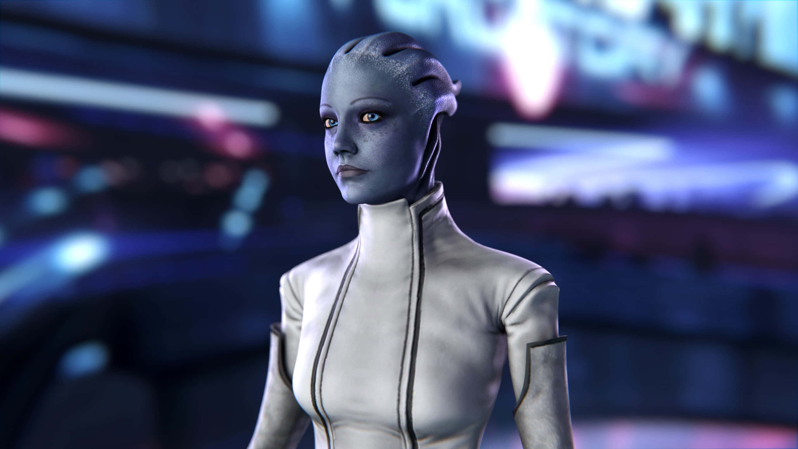Liara T'soni, blue skin, glowing eyes, 2K Desktop Wallpaper