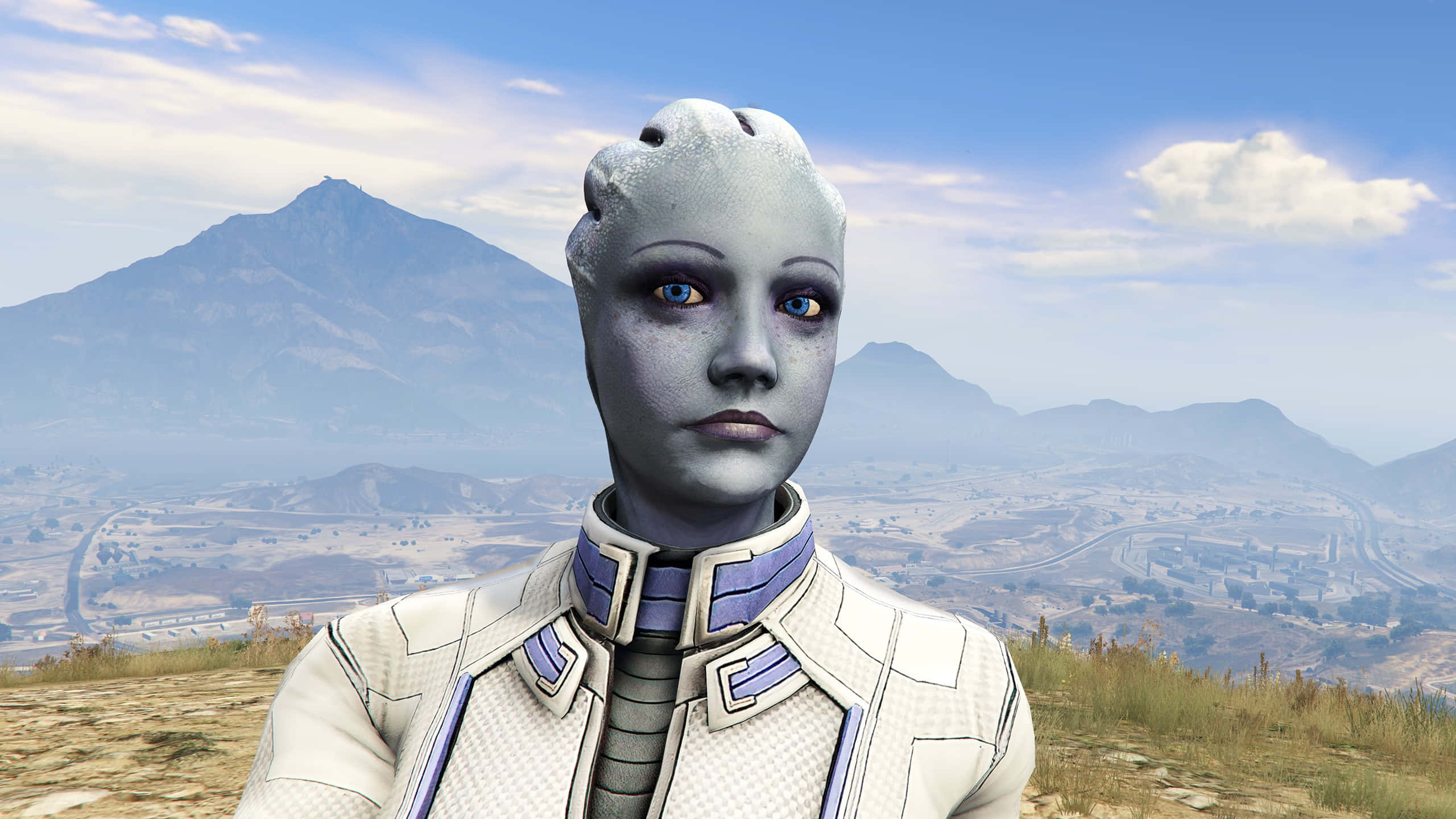Liara T'soni, blue eyes, gray skin, 2K Desktop Wallpaper