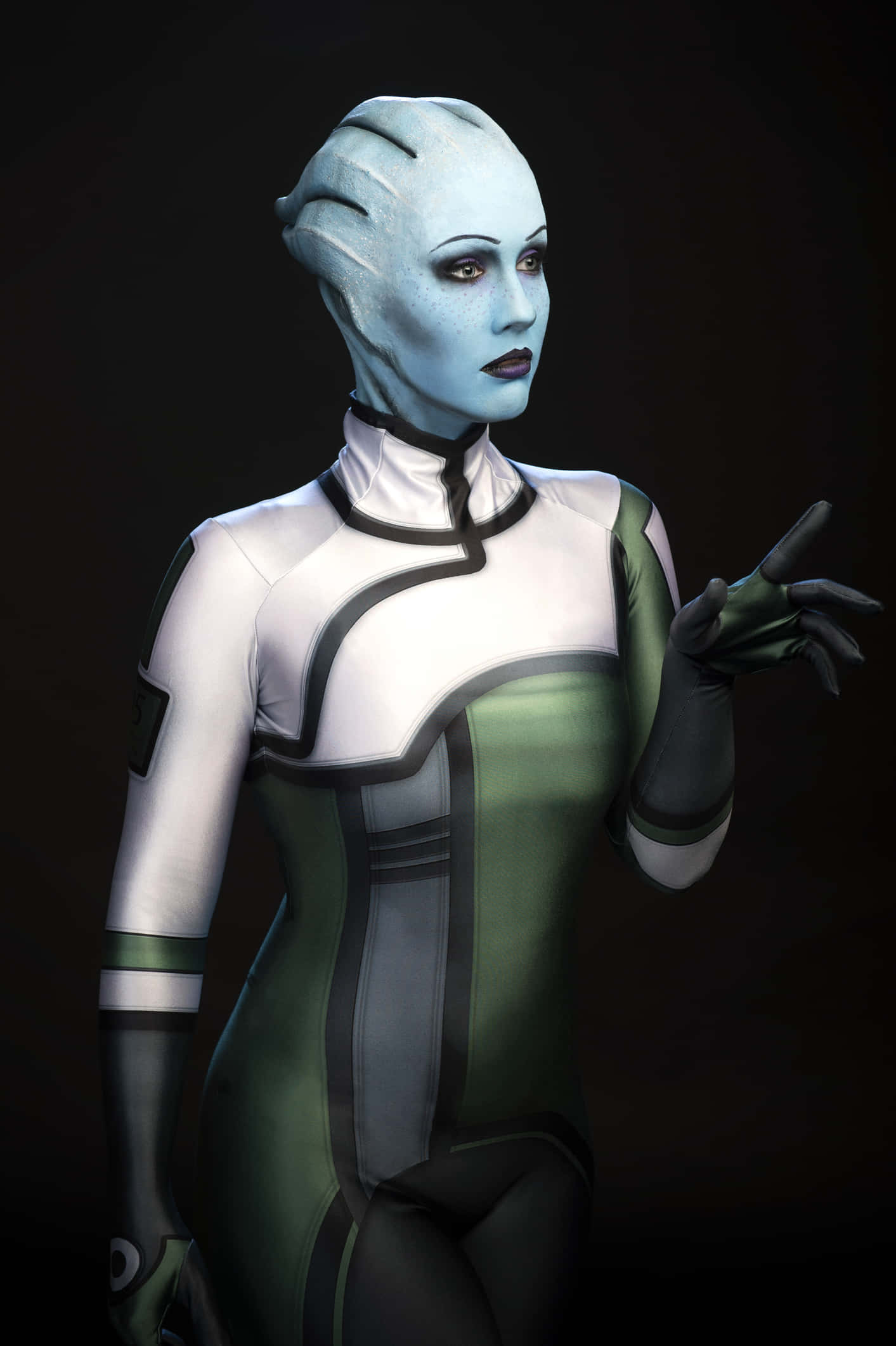 Liara T'Soni, blue-skinned alien woman, white and green futuristic suit, Full HD Phone Wallpaper
