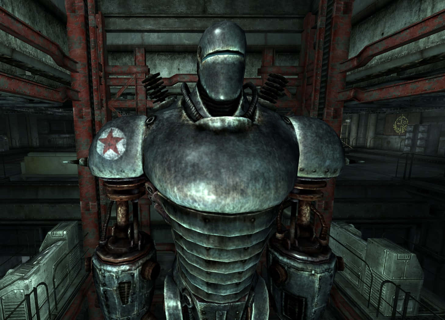 Liberty Prime, red star emblem, dim industrial warehouse, HD Desktop Wallpaper