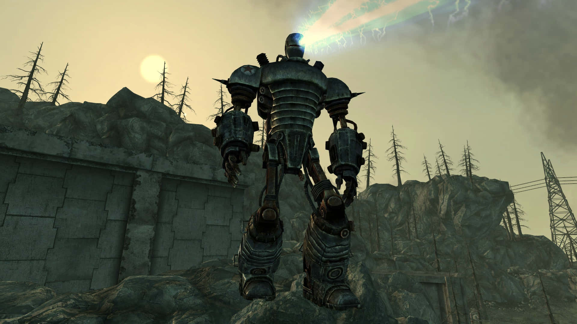 Liberty Prime, post-apocalyptic world, rocky terrain, Full HD Desktop Wallpaper