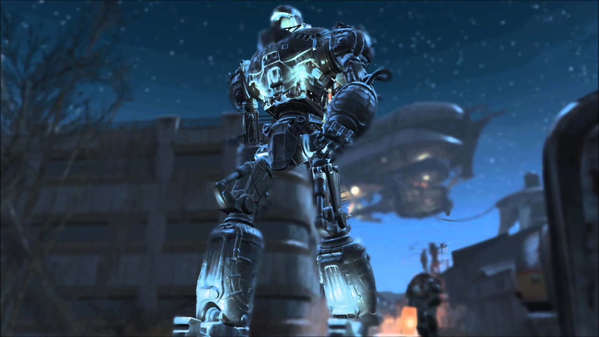 Liberty Prime, ruined cityscape, starry night sky, Full HD Desktop Wallpaper