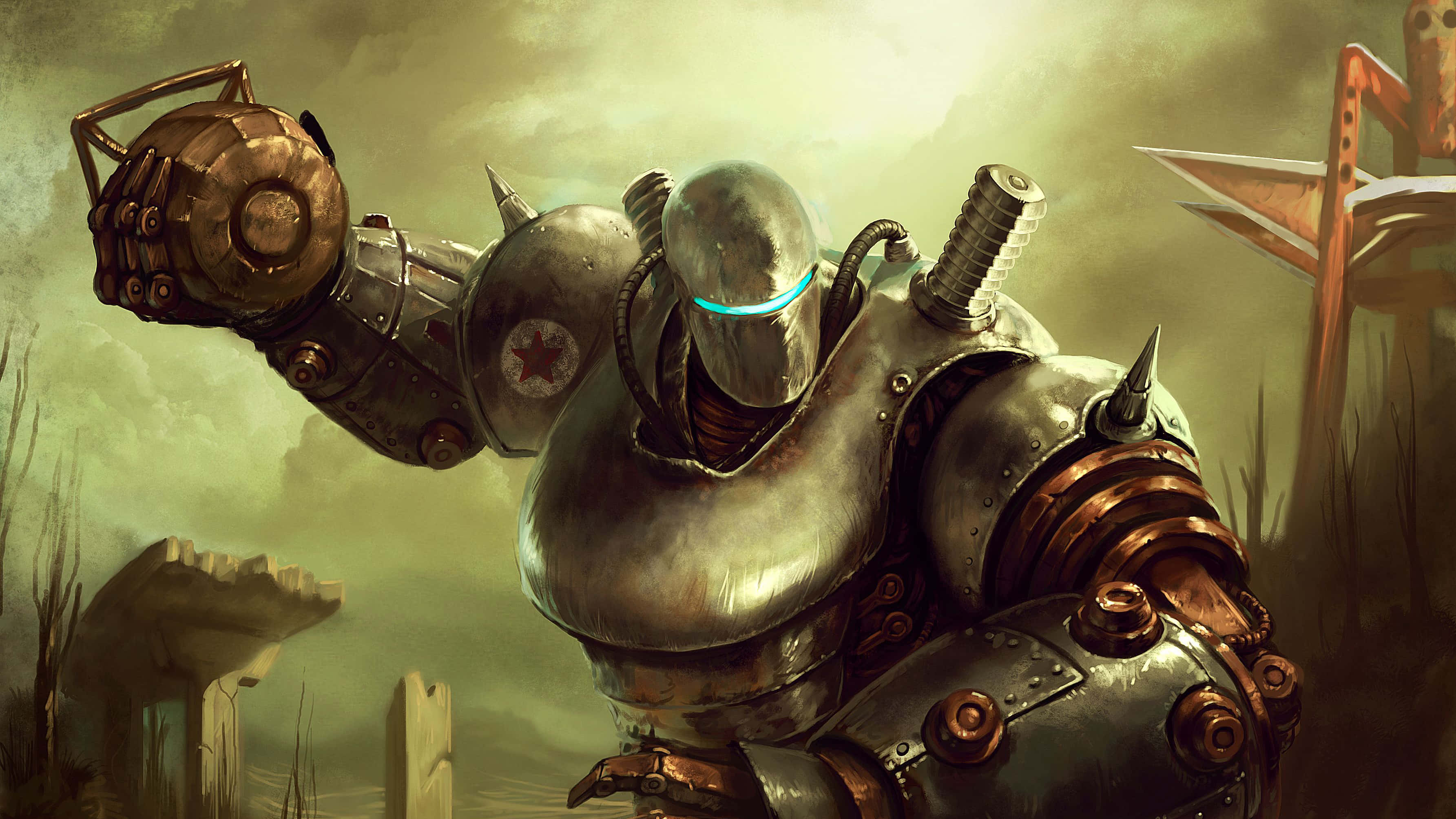 Liberty Prime, 3570 x 2008, glowing blue eyes, 2K Desktop Wallpaper