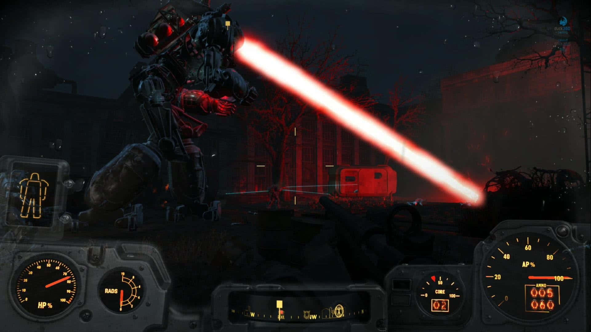 Liberty Prime, red-eyed robot, dark ruined cityscape, Full HD Desktop Wallpaper