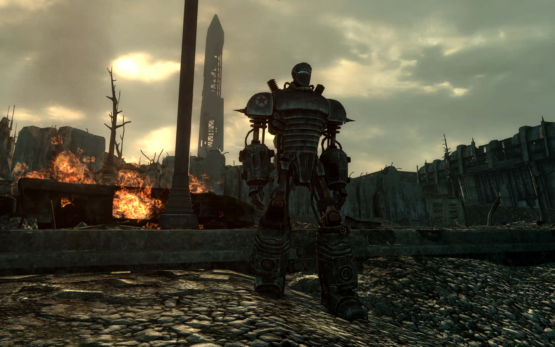 Liberty Prime, power armor suit, ruined cityscape, Full HD Desktop Wallpaper