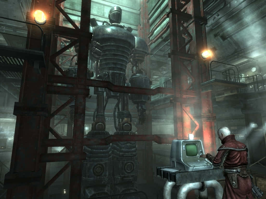 Liberty Prime, rusty robot, dim industrial facility, SD Desktop Wallpaper