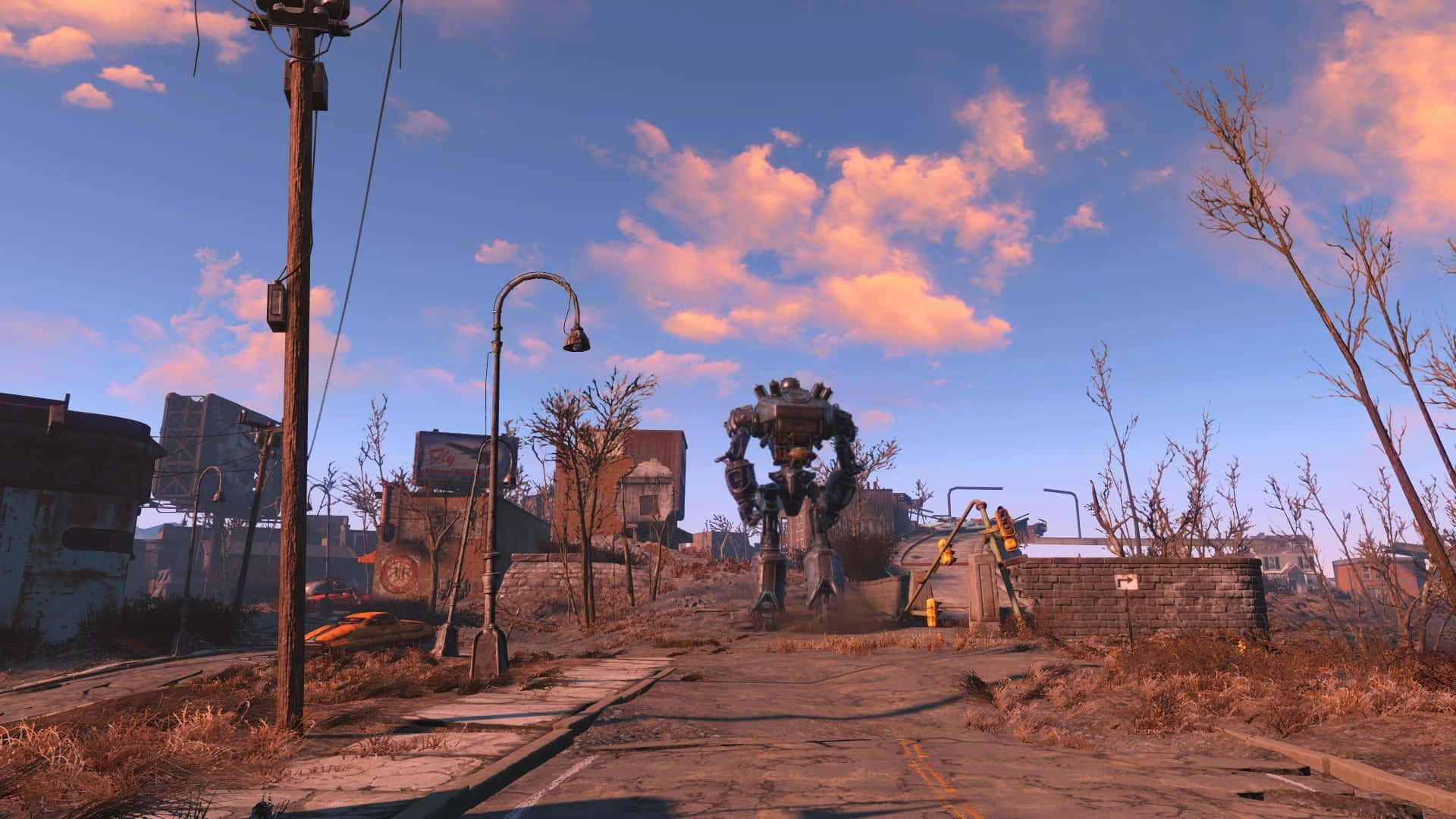 Liberty Prime, post-apocalyptic town, sunset, Full HD Desktop Wallpaper