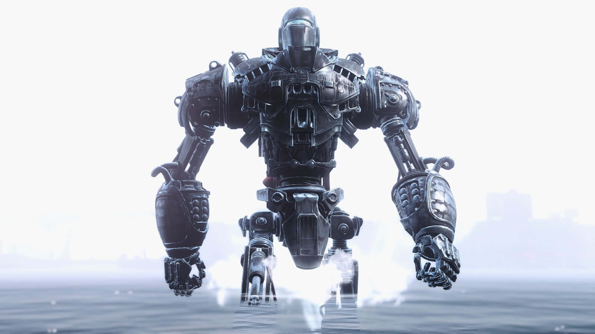Liberty Prime, black armored robot, shallow water, Full HD Desktop Wallpaper
