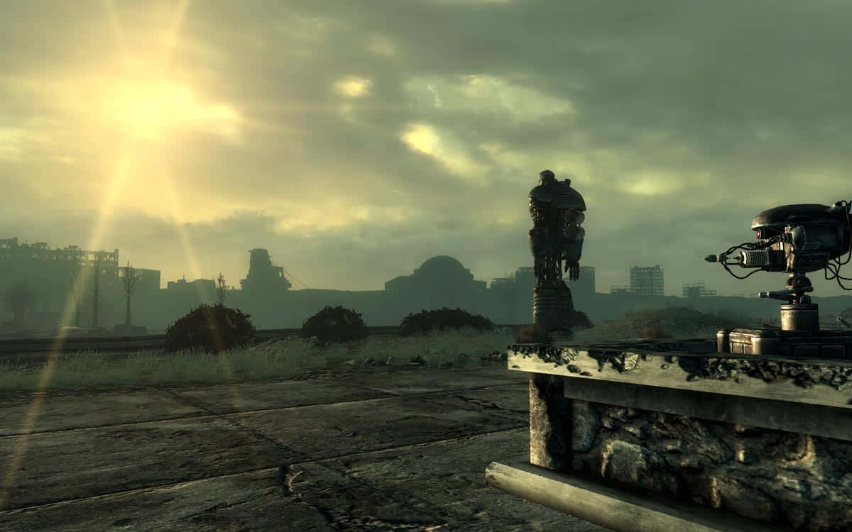 Liberty Prime, ruined concrete platform, desolate, overgrown post-apocalyptic cityscape, SD Desktop Wallpaper