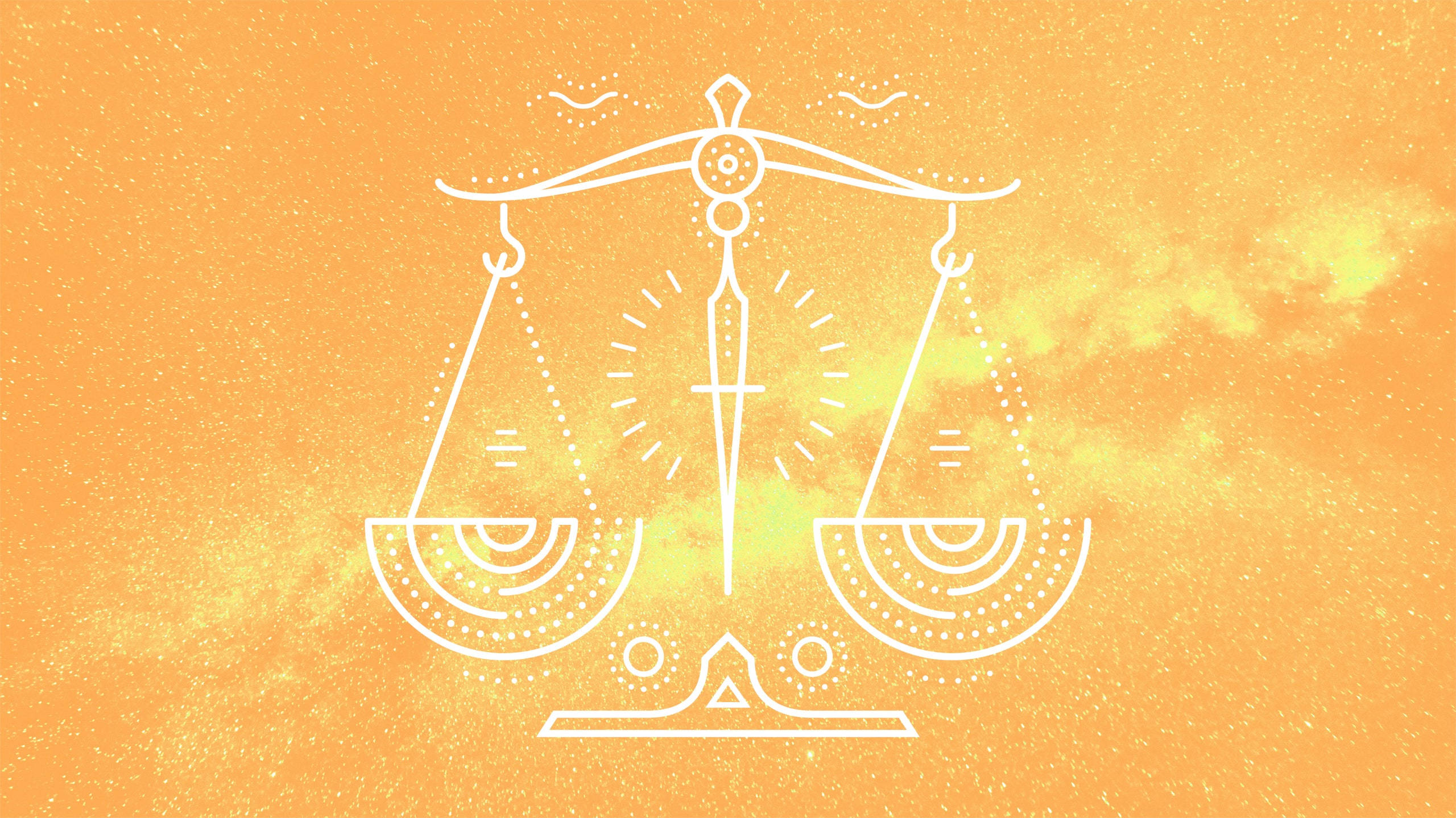 Libra Zodiac, white line-art scale of justice, textured orange and yellow gradient sky, 2K Desktop Wallpaper