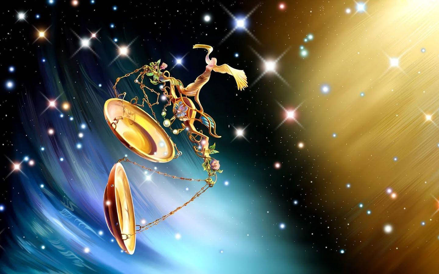 Libra Zodiac, golden scale, cosmic swirl, HD Desktop Wallpaper