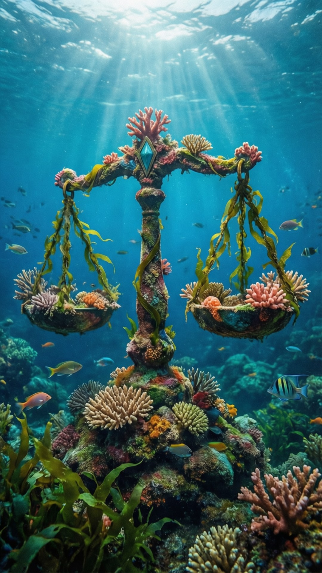 underwater libra reef, coral-encrusted justice scale, sunlit ocean water, Full HD Phone Wallpaper