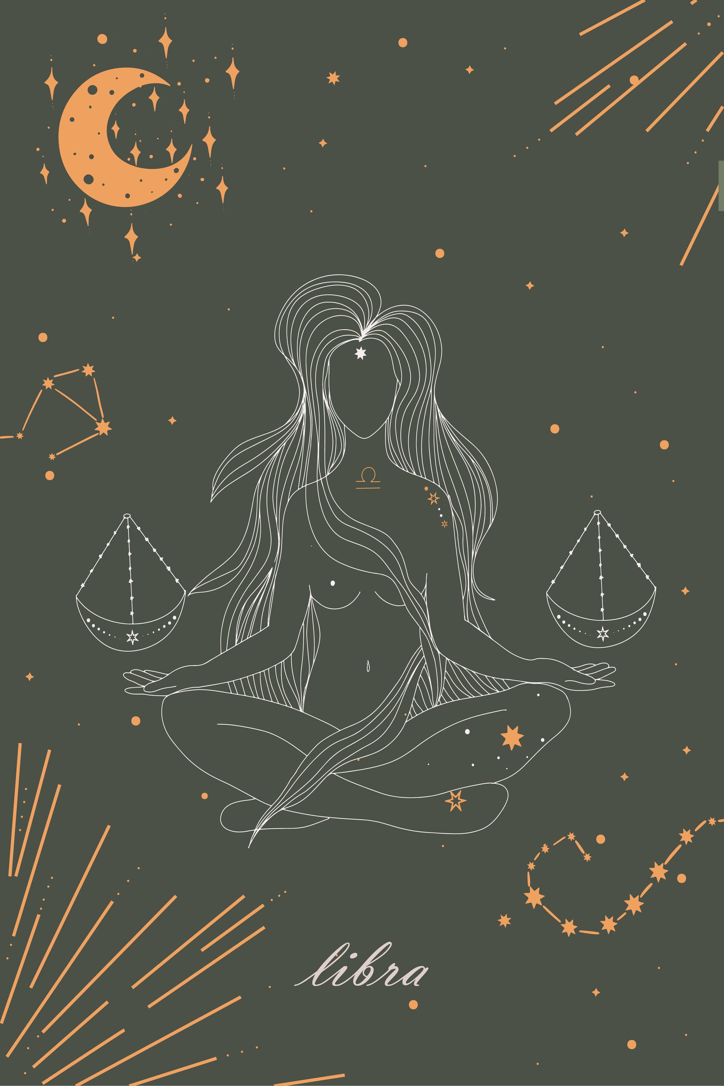 Libra zodiac, meditating woman, cosmic symbols, 2K Phone Wallpaper