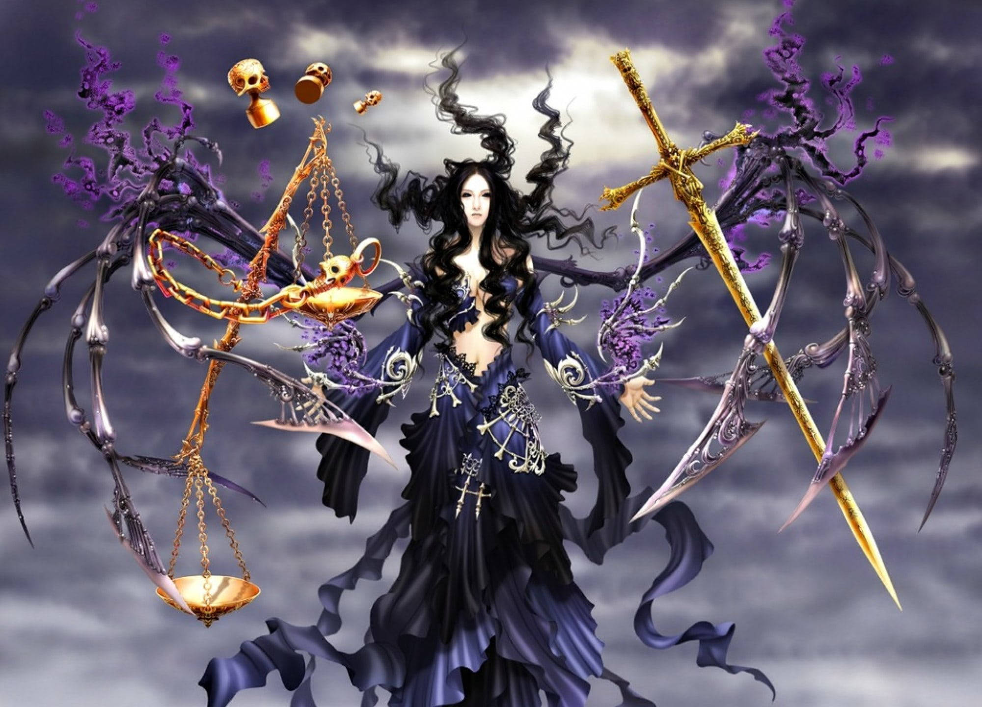 Libra Zodiac, black hair, golden sword, Full HD Desktop Wallpaper