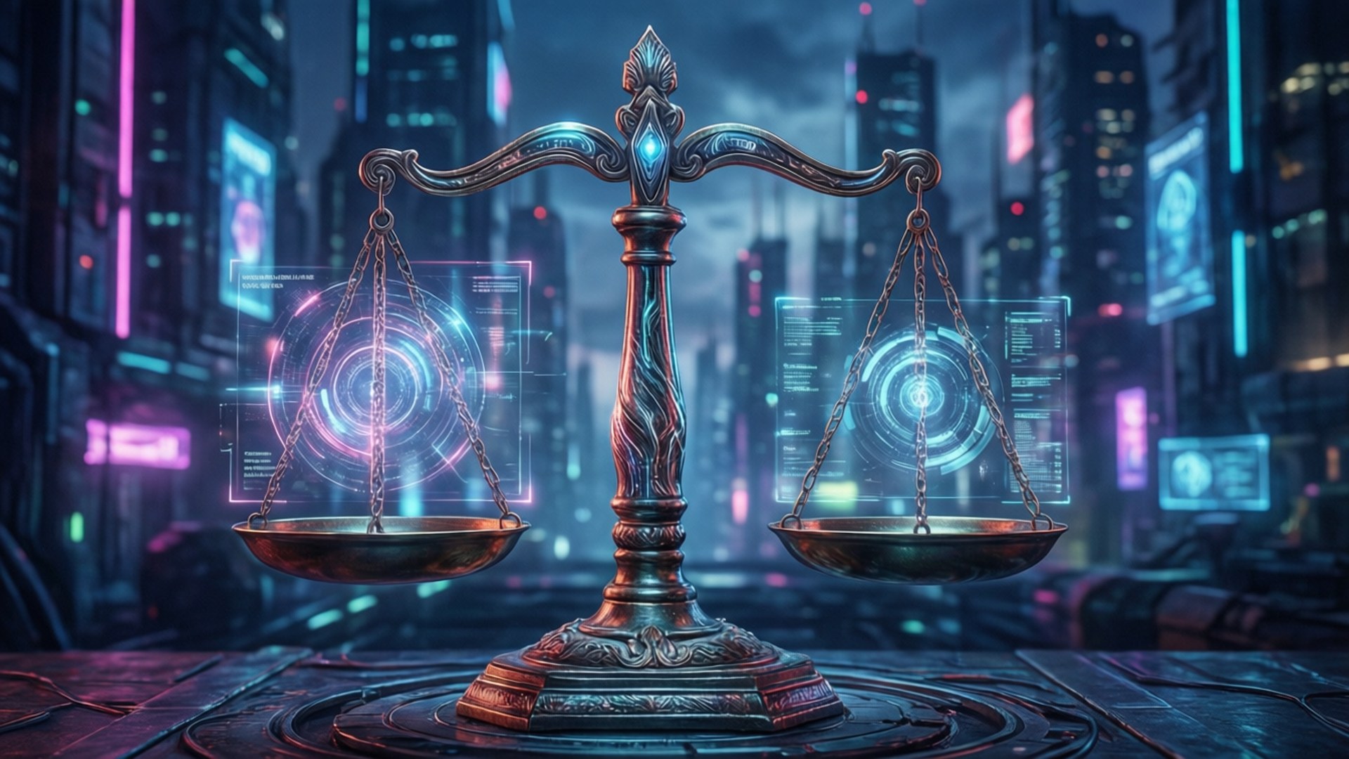 Libra Zodiac, justice scale, neon-lit cyberpunk cityscape, Full HD Desktop Wallpaper